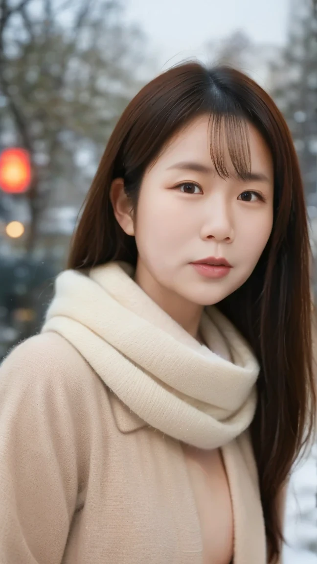 8K, ultra-realistic, highly detailed, photo-like. Natural cinematic lighting, soft shadows, lifelike skin texture, shallow depth of field.
A Japanese woman in her 40s wearing warm winter clothing. Calm expression, looking directly at the camera. Wearing a scarf and a heavy coat, as if standing outdoors in winter. Natural skin texture, age-appropriate facial features. The background is a softly blurred winter urban scene. (((Fully clothed))) (((No excessive beautification))) (((Realistic and mature face))) (((Upper body chest-up portrait)))