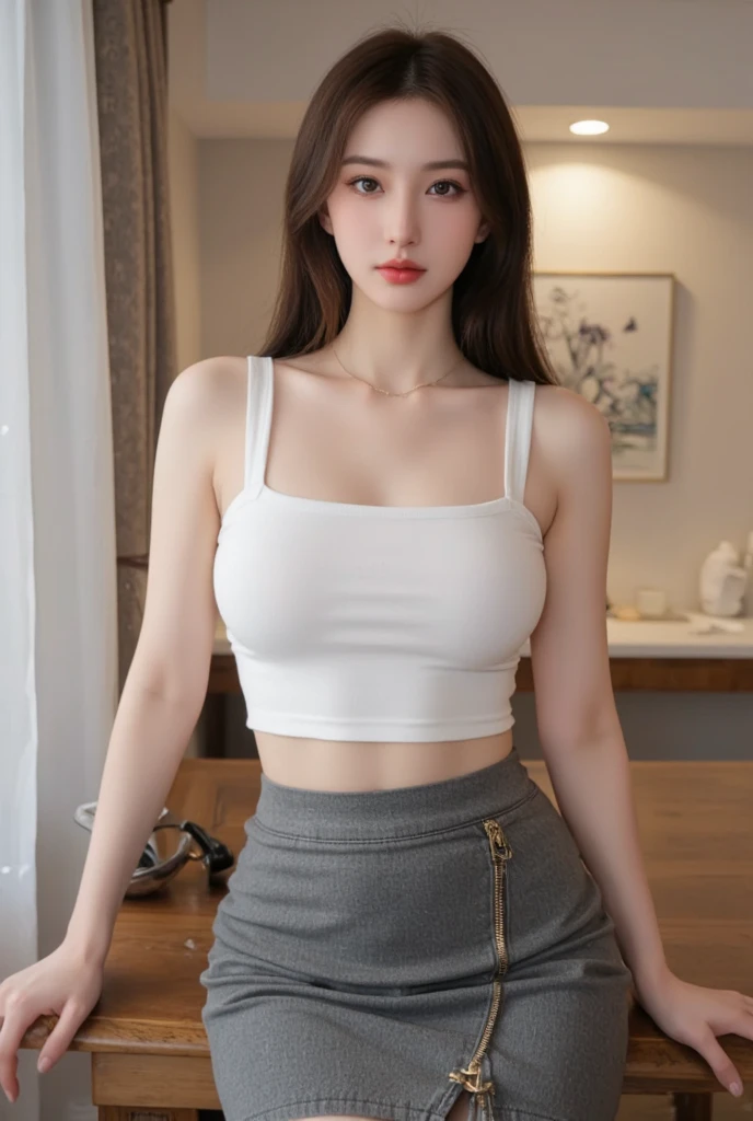 Best quality, 4k, 8k, detailed face, clear face, pretty girl, Korean makeup, red lips, smile, perfect body, shoulder length straight short hair, extremely huge breasts, thighs, slim, skinny, wearing White mini skirt, black spaghetti strap vest, black stockings, silver high heels, lower belly, sitting on the office table