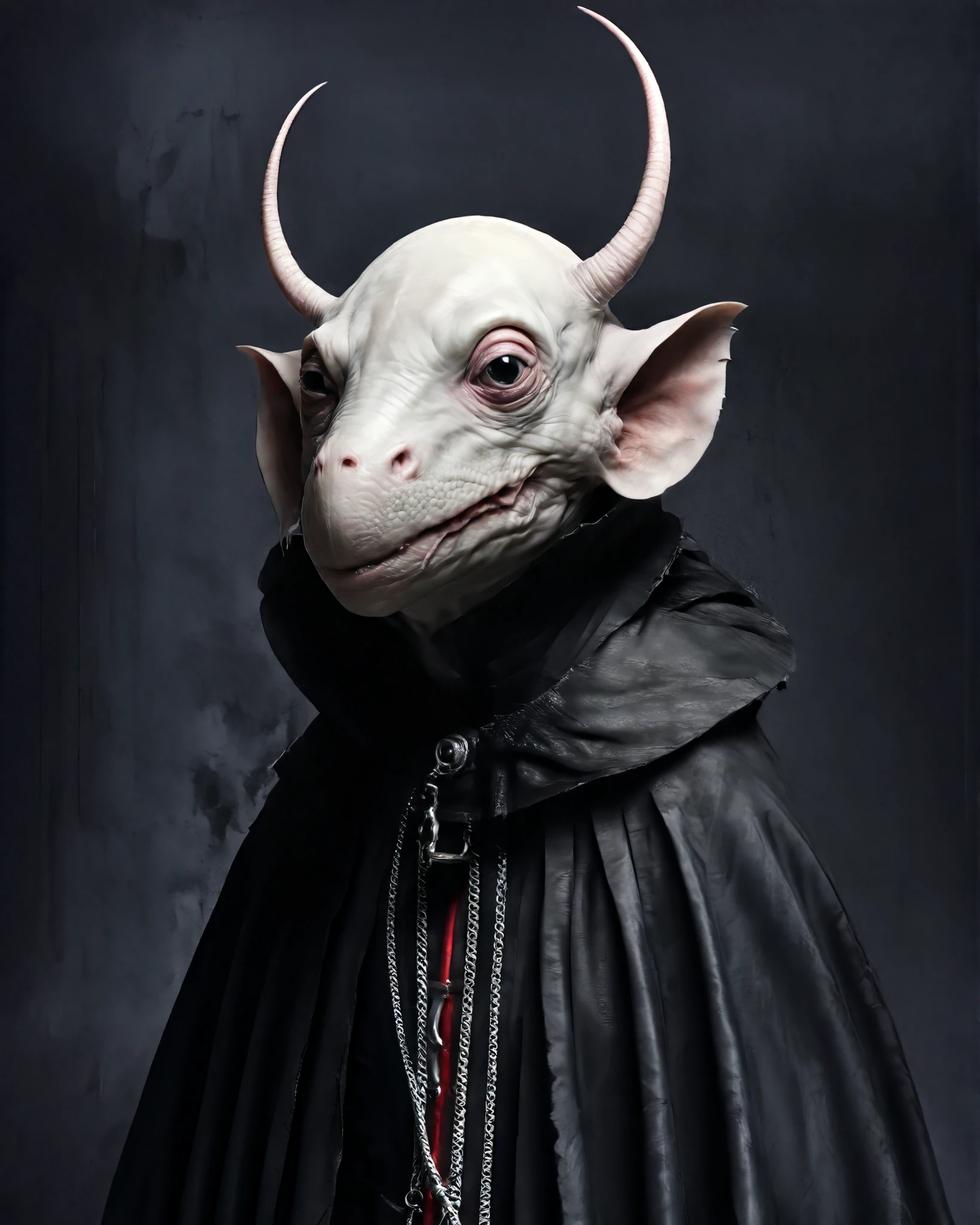 Hyperrealistic Nosferatu inspired, photography, trendy close up, Making an impossible move, perspective, dark background, strange, dead animals in a Gothic castle, leather, extreme and sinister fetish, straps and zippers, fetishist, sadomasochism, Extremely bizarre, until