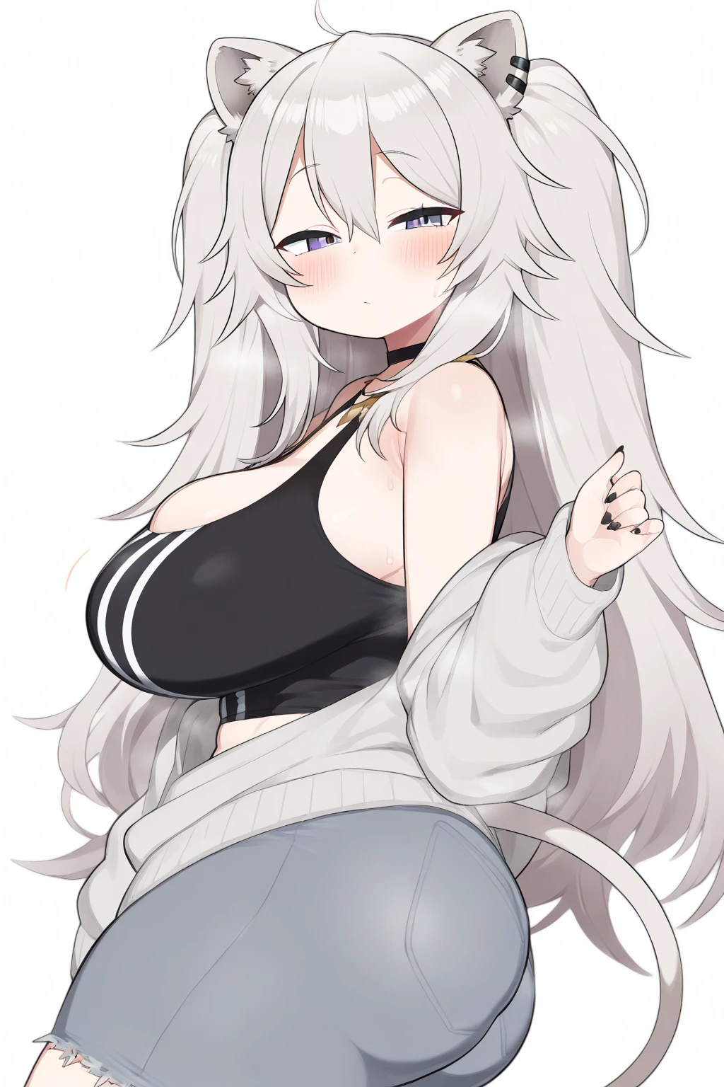 1girl, aegir \(azur lane\), azur lane \\\\\ masterpiece, best quality, very aesthetic, absurdres, newest \\\\\\ perfect anatomy, slim body, ,perfect hands, , , \\\\\\ by nyantcha,,by cutesexyrobutts,by khyle /////  white background, , , silvery white hair with a single prominent red streak , horns, , virgin killer sweater, yellow eyes, drunk,, , big tits,squatting,, heels, 