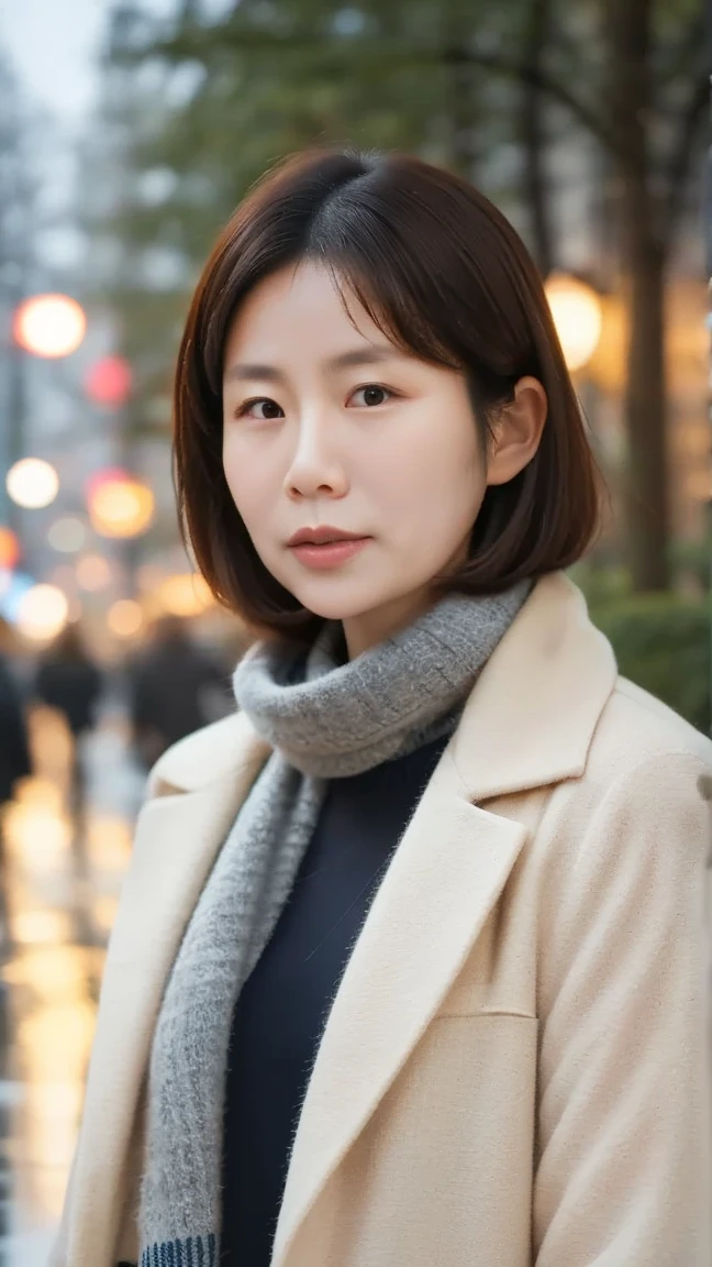 8K, ultra-realistic, highly detailed, photo-like. Natural cinematic lighting, soft shadows, lifelike skin texture, shallow depth of field.
A Japanese woman in her 40s wearing warm winter clothing. Calm expression, looking directly at the camera. Wearing a scarf and a heavy coat, as if standing outdoors in winter. Natural skin texture, age-appropriate facial features. The background is a softly blurred winter urban scene. (((Fully clothed))) (((No excessive beautification))) (((Realistic and mature face))) (((Upper body chest-up portrait)))