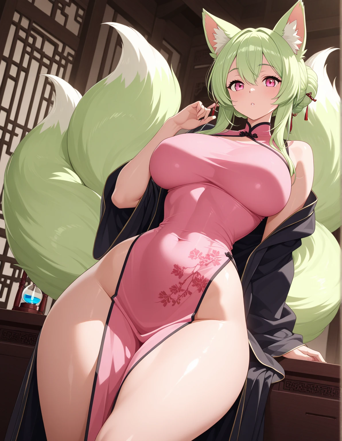 One Woman、Braided twin tails、Huge breasts、（Huge breasts：1.8)、Glasses、blue eyes、Green Hair、Red Chinese Dress,Long dress, No sleeve, Black lace knee socks, In the living room, Are standing, Seduce your sexy waist ，I can see your pants，T-back pants,String Panties,Pubic hair sticking out，Pubic hair sticking out，乳首がAre standing,The nipples are erect,The butt is facing the viewer，Showing her butt to the audience，Showing your asshole to the viewers，Showing her anus to the viewers，She spreads her anus open and shows it to the viewers.,She spreads her anus open and shows it to the viewers.，Half of an eel&#39;s body is sticking out of its anus，Half of an eel&#39;s body sticking out of its anus