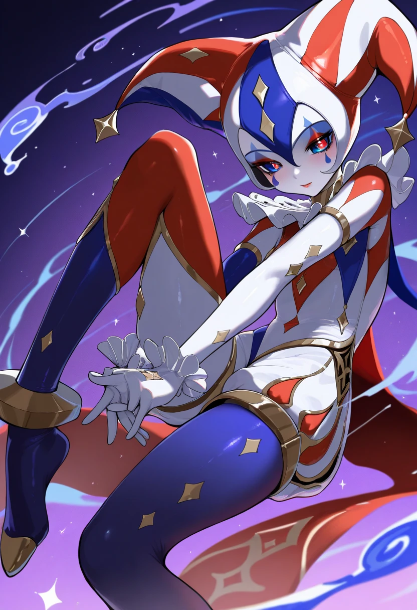 masterpiece, best quality,  1girl, jester, leotard, thigh highs, card, solo, tarot  <lora:ClowCard_NoText:0.8>