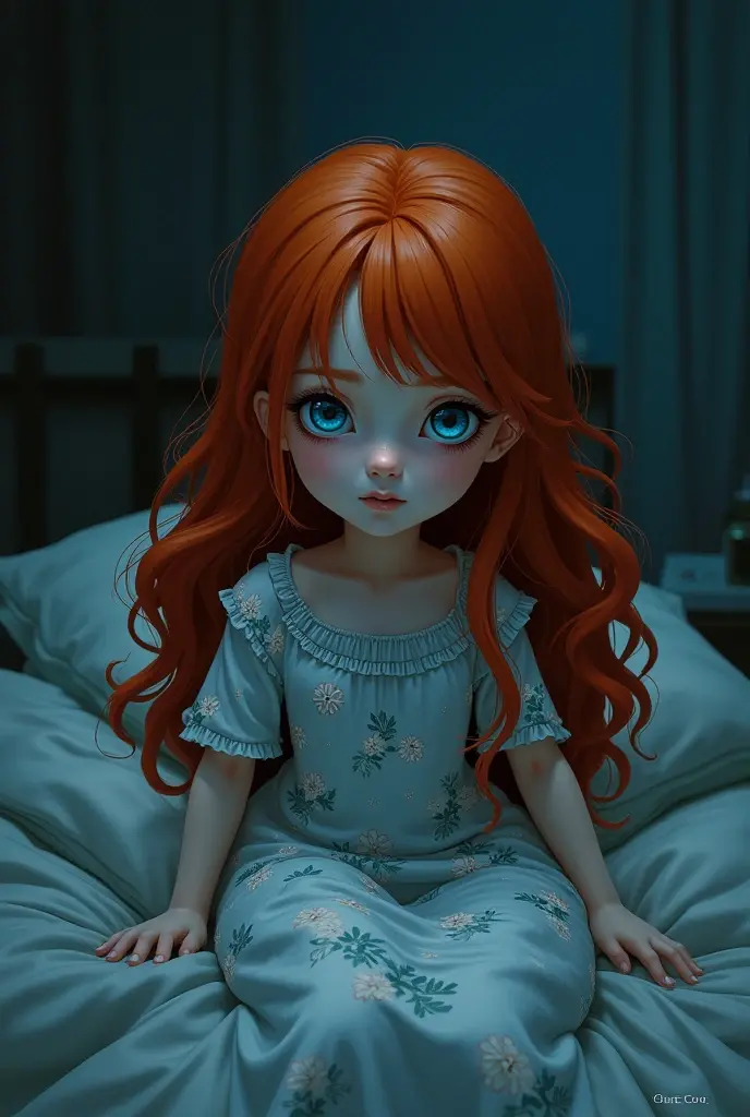 create an image of a  with red hair,longos e ondulados. Pale Pelé, blue eyes with lots of dark circles, an expression of apprehension on his face. she is lying in bed at night in a floral dress. 2D style, make the image further away from the girl and also make the environment darker, do it in the Spider-Man style, leave a wider scenario. She's a ??? 