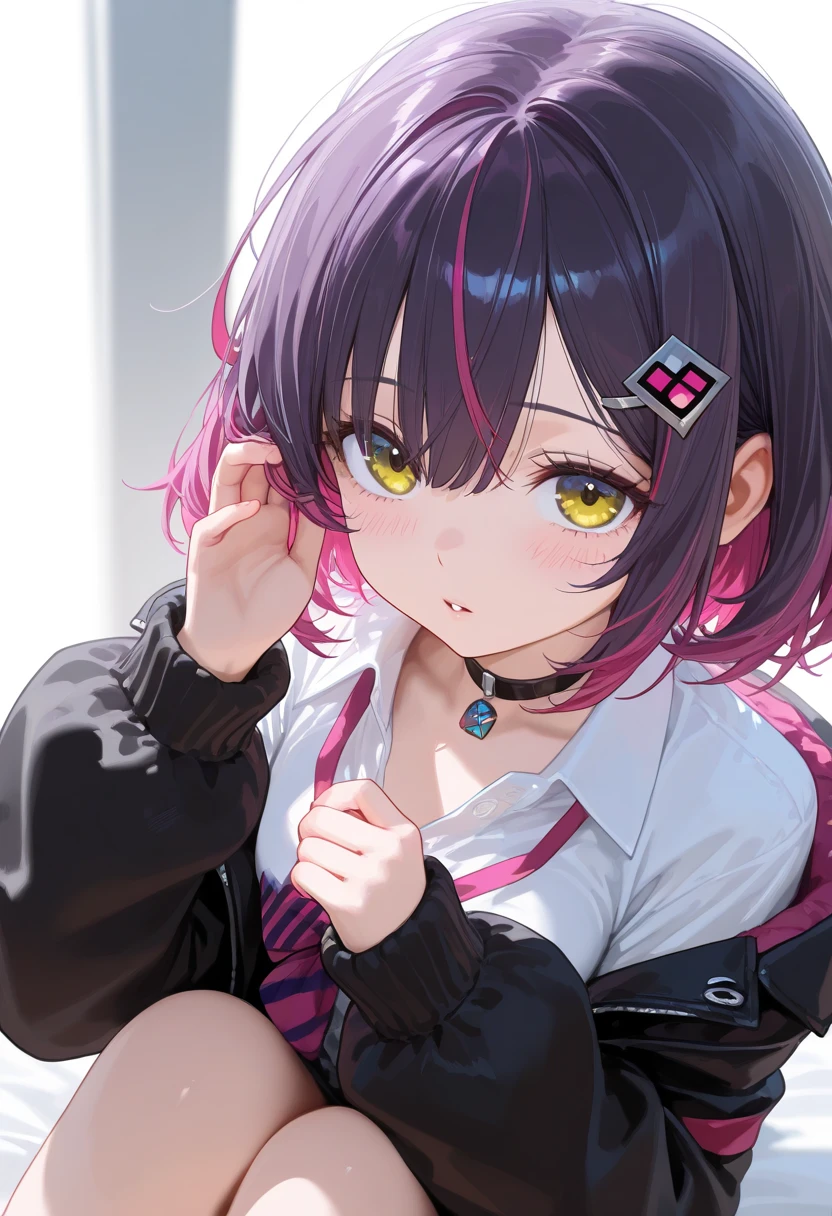 Hair above one eye, Red eyes, Clear Eyes, choker, Neon Shirt, Torn legwear, Open jacket, Against the wall, Brick wall, graffiti, shining grafiti, shineing tattoos, Shine, Neon Light, Black light,Anime Style, movie portrait photography, 1 female, 22 years ago, Whole Body Ezbian,Blue Eyes Background, Big and ample breasts, anger, (Scarlet Hair), Long Hair, Purple eyes, Wearing a short black dress, (Natural skin texture Sharp details, surreal, (Realistic eyes, Natural skin texture, Realistic facial details), Soft and dramatic lighting, Written boundary depth, bokeh, Sharp details, surreal, 35mm movie, Blurred, movie,lipstick, ear piercing, eye shadow, Hoop Earrings, Red pink lips, Multicolored red eyes, Purple Theme,Wear an iridescent aura,Beautiful Eyes,Standing in front of the red gate,Bold Pose、Upward glance,Top ponytail,drooping bangs、、peep、Look straight up、,boots,(((Shooting from various angles)),Peeking from above,Focus on the shooting angle above all else