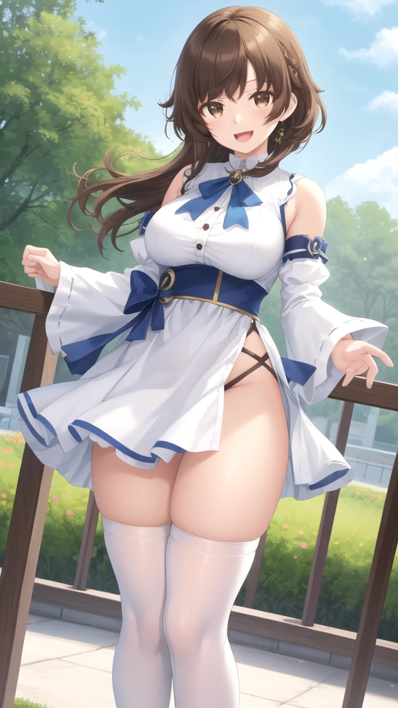 ((Tabletop, highest quality, High resolution, , Pixel Perfect, 4K, ))), Beautiful woman,, alone, beauty、The whole body is visible、 (((Sexy Witch Cosplay), Long dark blonde wavy hair、Off-the-shoulder jacket,　Dark blue flared skirt、Witch Hat、Mid-wave hair, bangs, Brown Hair)), ((Brown eyes, Beautiful eyelashes, Realistic eyes)), ((Detailed face, Blushing:1.2)), ((Smooth texture:0.75, Realistic texture:0.65, Realistic:1.1, Anime CG Style)), Center of chest, Dynamic Angle, Perfect body, ((,)), 、、Very embarrassing panic smile, 、Castle Town Square、(The wind flipped up her skirt, 、Touch your crotch with both hands、、Arms crossed pose、Show me your ass、Her white and light blue floral lace panties、)、Angle from below