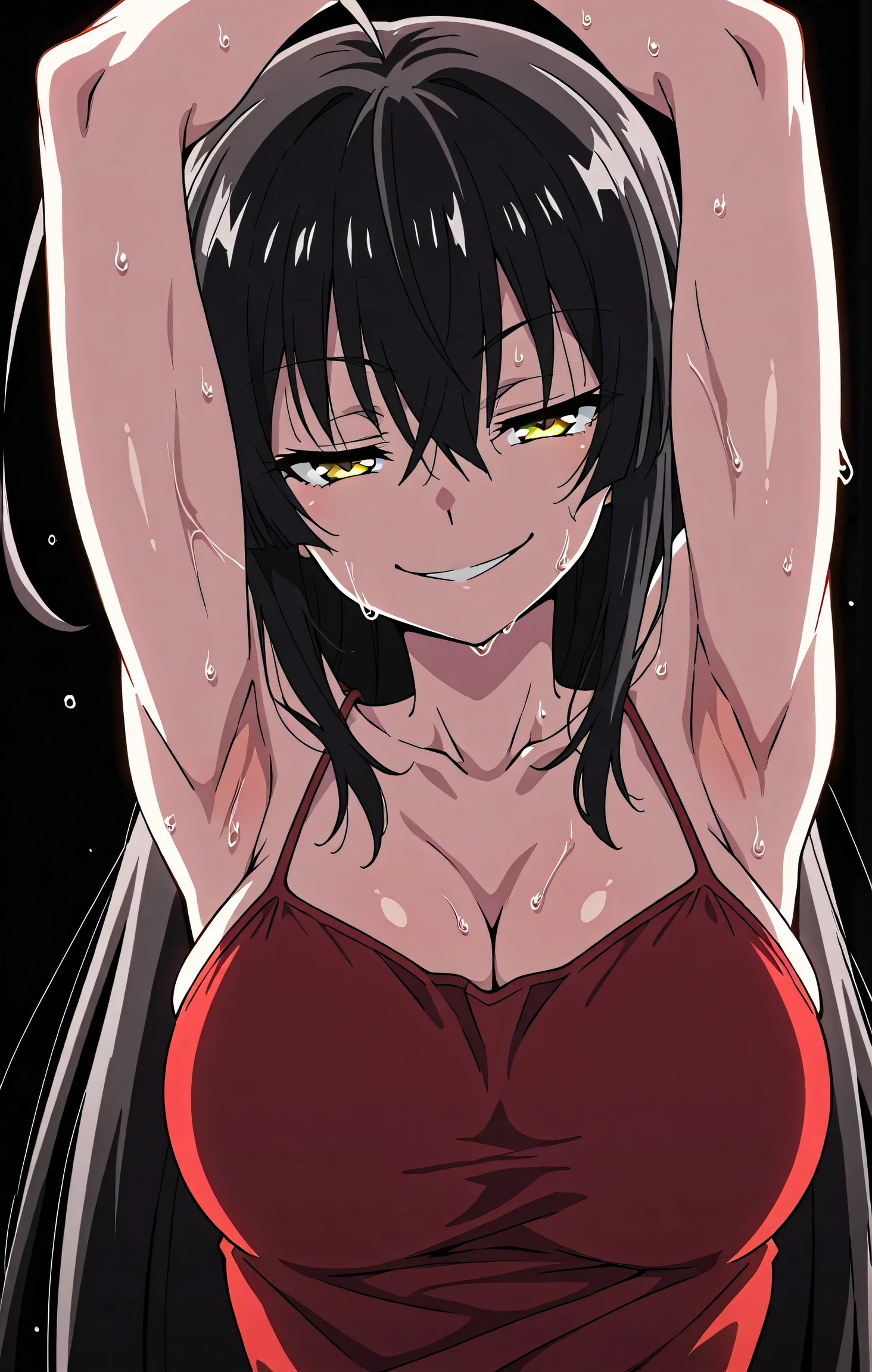 score_9, score_8_up, score_7_up, source_anime, anime screencap, 1girl, solo, outdoors, park, (night:1.1), yoru, scar on cheek, cross scar, (long hair:1.1), black hair, yellow eyes, ringed eyes, glowing eyes, feminine, black hair, tank top, black tank top, bare shoulders, bare arms, looking at viewer, eye contact with viewer, facing viewer, evil smile, smug, closed mouth, arm behind head, armpit, medium breasts, collarbone, slender, from side, from below, 