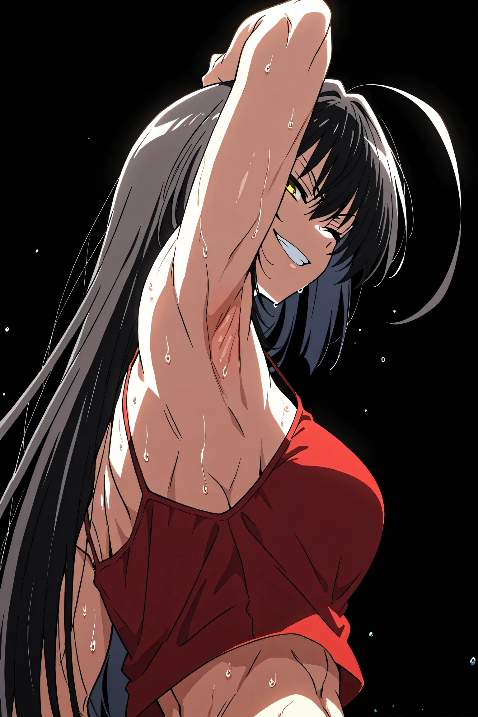 masterpiece, best quality, amazing quality, anime screencap, anime coloring, 1girl, solo, sendai hakurei no miko, black hair, huge ahoge, very long hair, toned, (muscular female:0.9), yellow eyes, (large breasts:0.7), red tank top, spaghetti straps, skindentation, (sweaty:0.7), bare shoulders, bare arms, arm up, raised arm, armpit, armpit focus, head towards viewer, looking at viewer, direct eye contact, evil smile, grin, angry, closed eyes, confident, black background, simple background, from side, from below, from behind