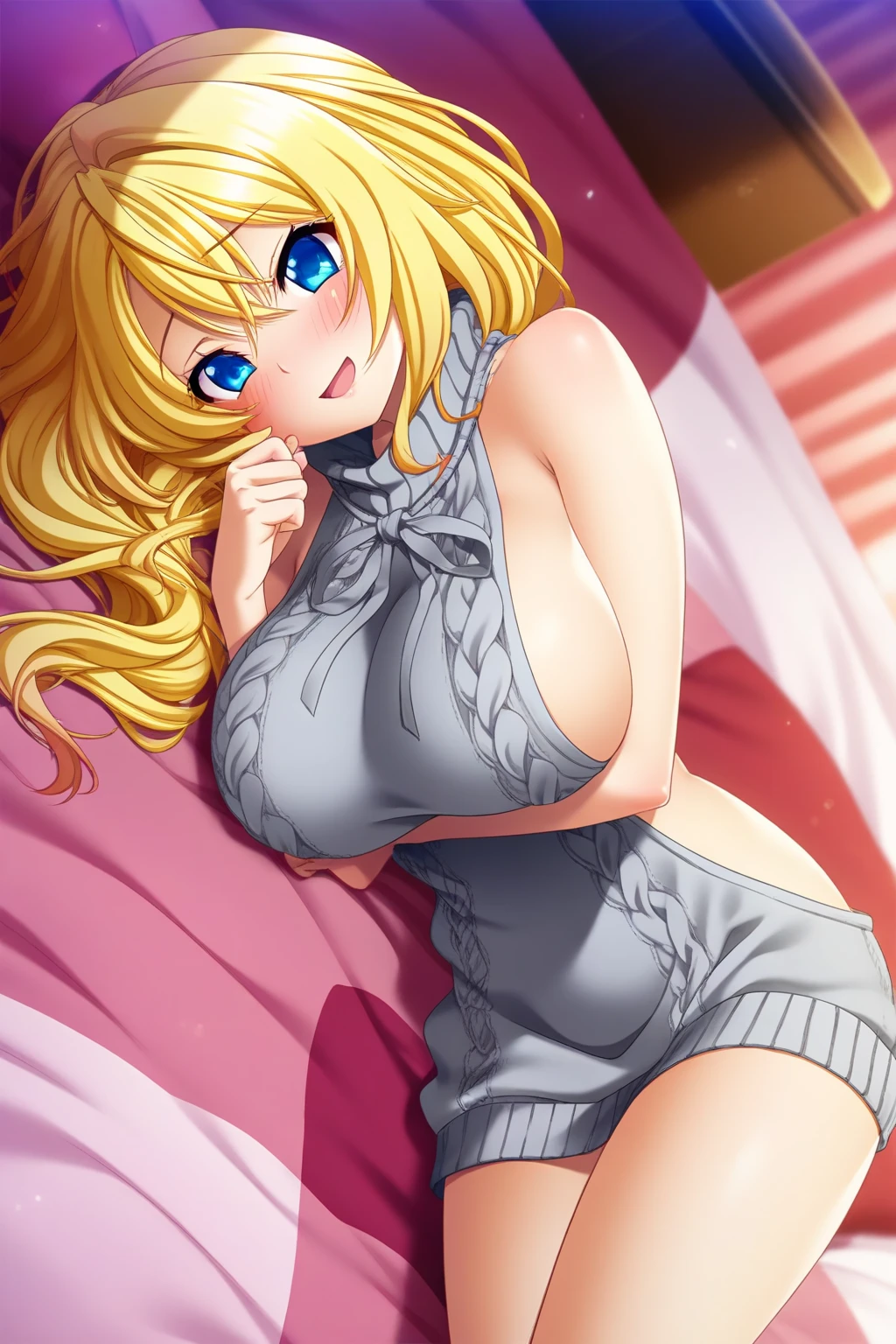 anime image of anime girl with blond hair in a sweater with hat, 1girl, breasts, solo, blonde hair, blue eyes, cleavage, hat, shirt tucked in, long hair, looking at viewer, braid, shirt, collarbone, red headwear, blush, large breasts, pillow, smile, jewelry, earrings, arm up, off shoulder