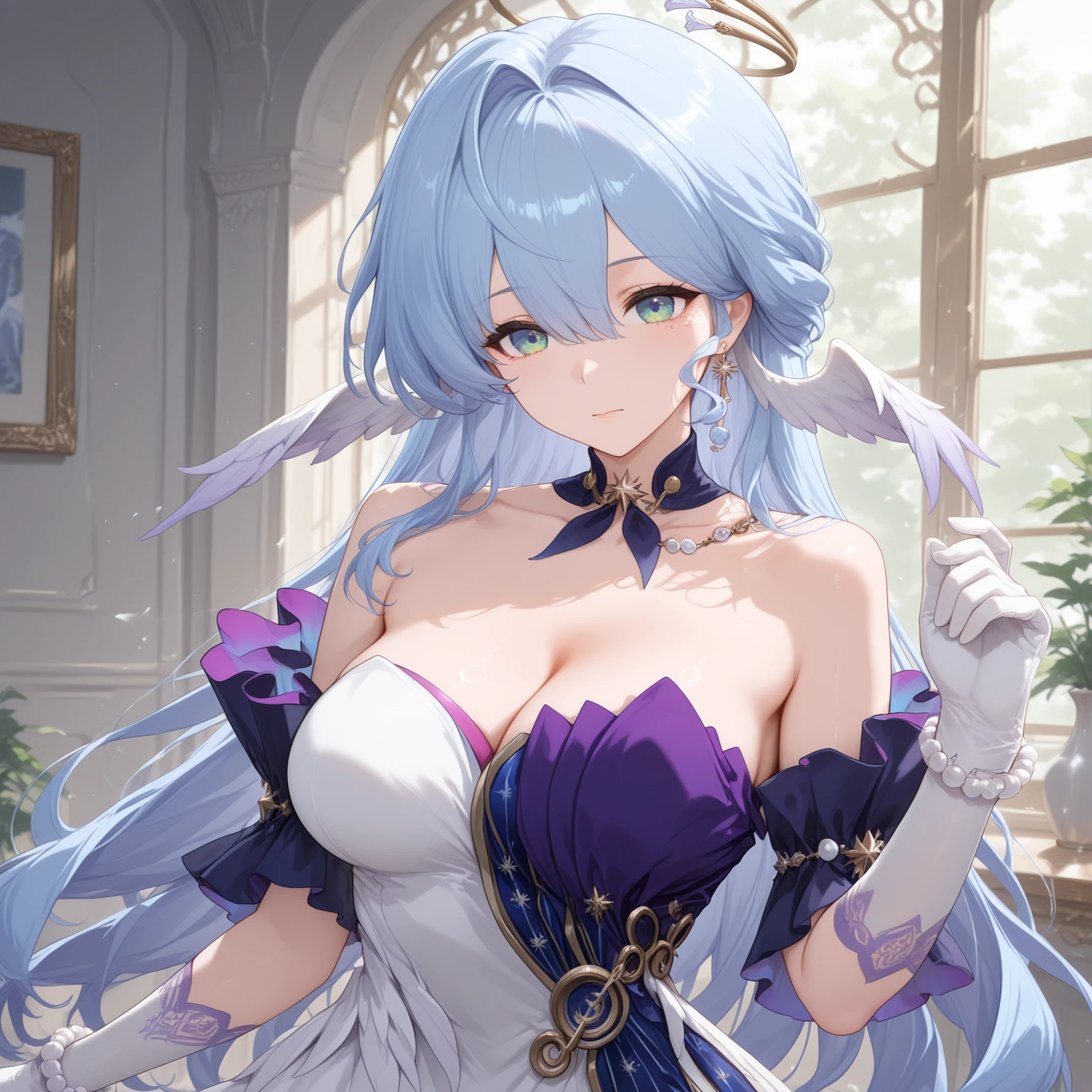 Friner, Surrealism, 8k, yes, Super detail, Hydroelectric Akron, upper legs, Sitting, ??? face, Smug, Beautiful eyes, Masterpiece, high resolution, 8k, anime woman, Delicate and meticulous text 、detailed digital illustration、(((Genshin Impact))、Shiny hair、A very beautiful woman、High image quality, High quality、Detailed background、The inside of the eye sparkles like a diamond、(((Blue hair)))、(((sweeping bangs)))、Gradient pupils、(((2 arms、4 fingers, 1 thumb))), (big naked breasts, sexly, porn ), detailed feminine face、A very beautiful naked woman、、Detailed background、tmasterpiece、Soft focus , Bright gradient watercolor , Lens flare , (((glitters))) , Glow , Dreamy ,、((Very beautiful light blue rose hair ornament)), Luxury room background