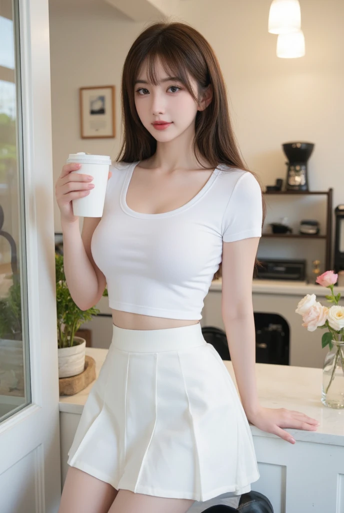 absurdres, RAW , delicate and beautiful, masterpiece, Best Quality, ultra high resolution, 16k, , detailed, perfect anatomy, Detailed skin, perfect figure, detailed CG 8k wallpaper, in her 20s, Slim body, narrow waist, small head, small face, delicate facial features, tearful mole, earring, thin legs, (very huge round breasts), full body shot, short hair, (wavy hair), (light brown hair), (), ( ), college , naughty bitchy students , sexy opened student top shirts , very mini short skirt