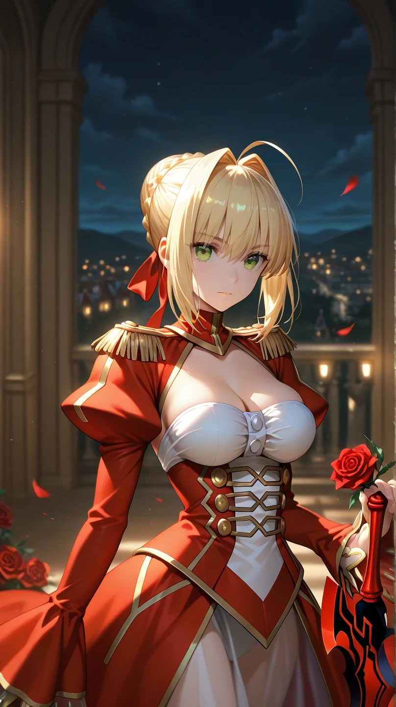 nero claudius \(fate\), nero claudius \(fate/extra\), 1girl, ahoge, bangs, blonde hair, bouquet, braid, cleavage, dress, flower, green eyes, hair intakes, holding bouquet, large breasts, light particles, expressionless, long hair, looking at viewer, closed mouth, red dress, red ribbon, ribbon, solo, upper body