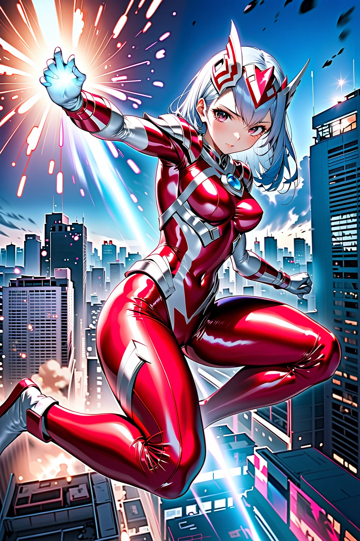 extremely detailed CG unreal engine 8k, best quality, (detailed fingers, detailed hands, detailed face), all intricate, 1girl, beautiful detailed girl, (ultragirl :1.0), ultraman bodysuit, leotard, bare legs, upper body, smile, thumbs up, stylish posing, hand on hip, standing, detailed buildings behind, outside