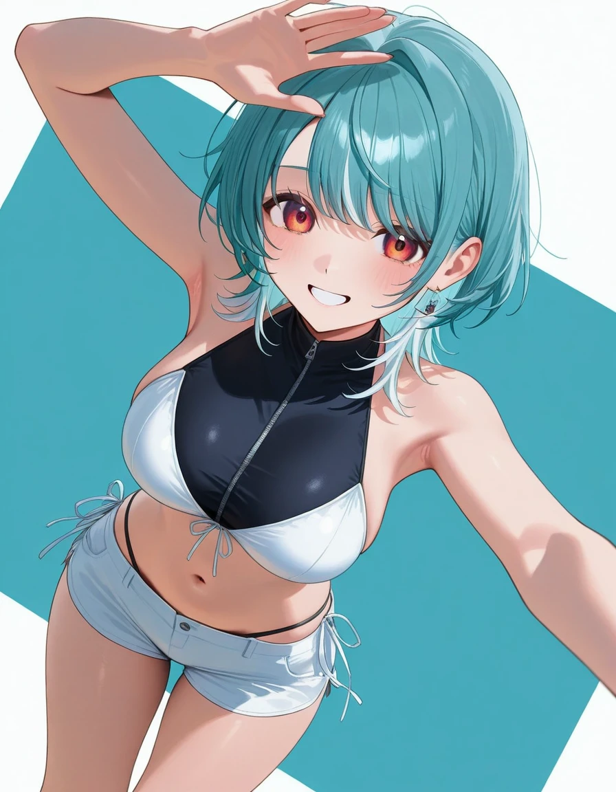 Solo、((top-quality、8K、masterpiece:1.3))、foco nítido:1.2、Beautiful woman with perfect body shape:1.4、Beautiful face、beautiful countenance、evil smile、blush、upturned eyes、White hair、Purple eyes、(Pixie Bob)、A slender 、small tits、The navel is visible、(abdominals:1.2、A sexy、shortpants:1.5、lowrise:1.3),turtle neck、Sleeveless 、Highly detailed facial and skin texture、A detailed eye、二重まぶた、White Thigh Socks:1.3、(Tanned skin:1.3),(groin)