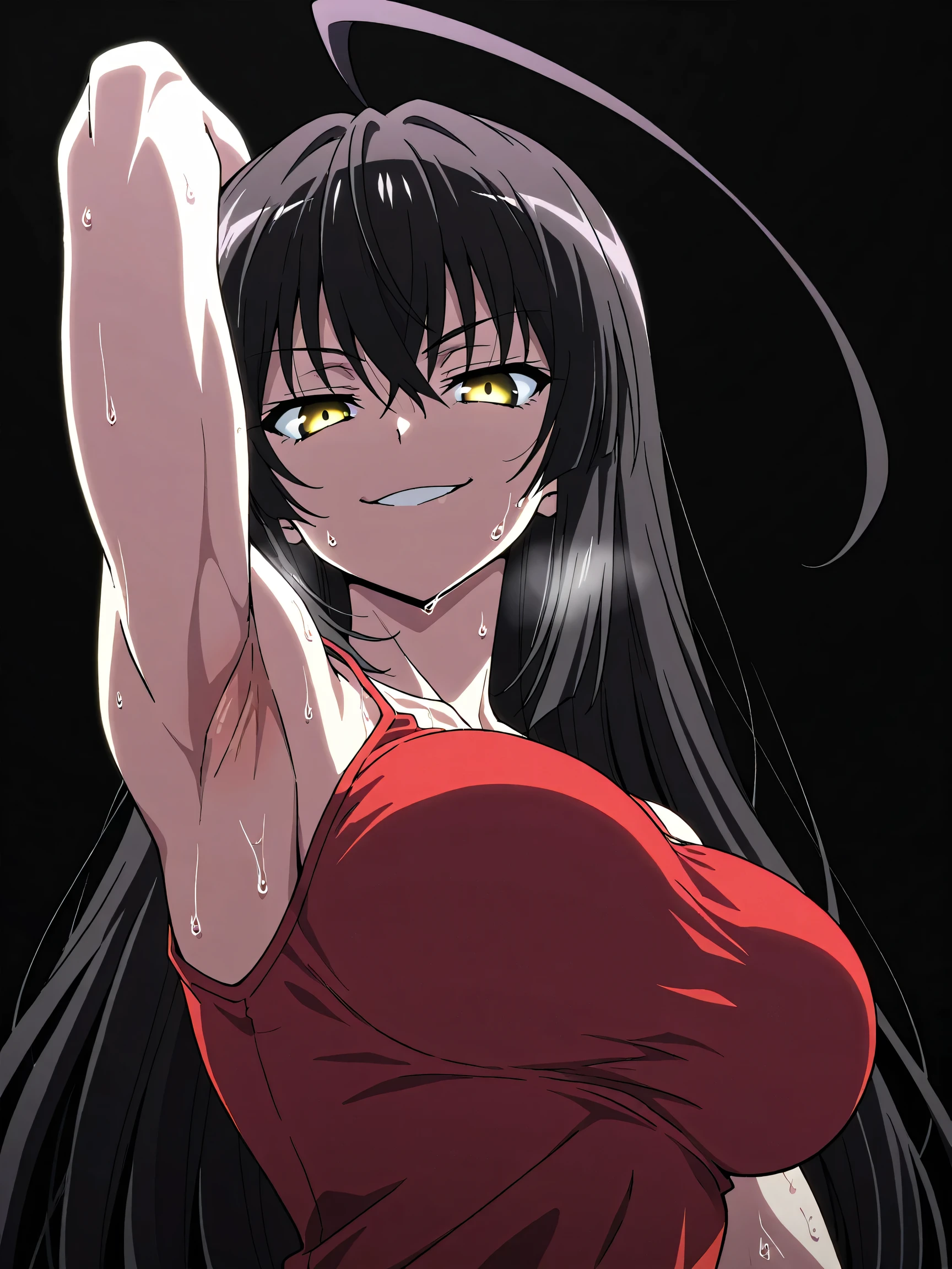 masterpiece, best quality, amazing quality, anime screencap, anime coloring, 1girl, solo, sendai hakurei no miko, black hair, huge ahoge, very long hair, toned, (muscular female:0.9), yellow eyes, (large breasts:0.7), red tank top, spaghetti straps, skindentation, (sweaty:0.7), bare shoulders, bare arms, arm behind head, armpit, armpit focus, head towards viewer, looking at viewer, direct eye contact, evil smile, smug, closed eyes, confident, black background, simple background, from side, from below 