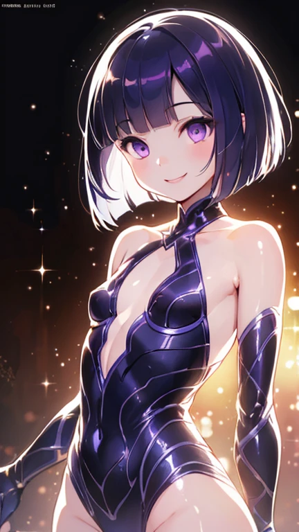 A busty dark-skinned girl with violet a six-pointed star in each of his eyes pupils wearing an open-necked female idol dress 