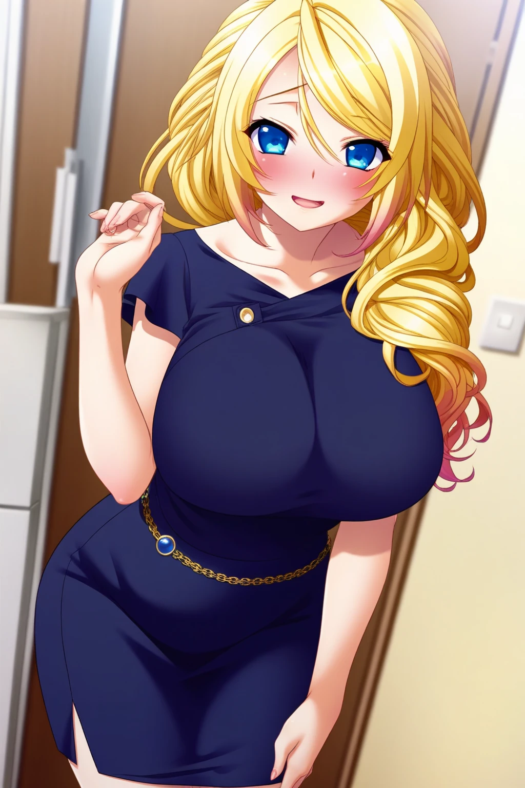 1 girl, alone, Minami fuyuki, ahoge, alone, blonde hair, smile, partially nude, pink apron, bare back, cleavage, bare legs, home, kitchen, standing, dynamic pose, hands on hips dynamic angle, large breasts, medium waist, wide hips, wide thighs, (high resolution: 1.2), (ultra detailed: 1.2), [high dynamic range lighting], (masterpiece: 1.3), (best quality), high quality, intricate details, (extremely detailed CG unity 8k wallpaper: 1.2), best shadow, (extremely detailed fine touch: 1.2), (high resolution), (8K), (extremely detailed), looking at viewer, head on, focus on breasts, pov (from above), (4k) , (pixiv), perfect face, pretty eyes and face, (super detailed), detailed face and eyes, textured skin, absurdities, high resolution, deep skin, skindentation, excellent hands, excellent anatomy