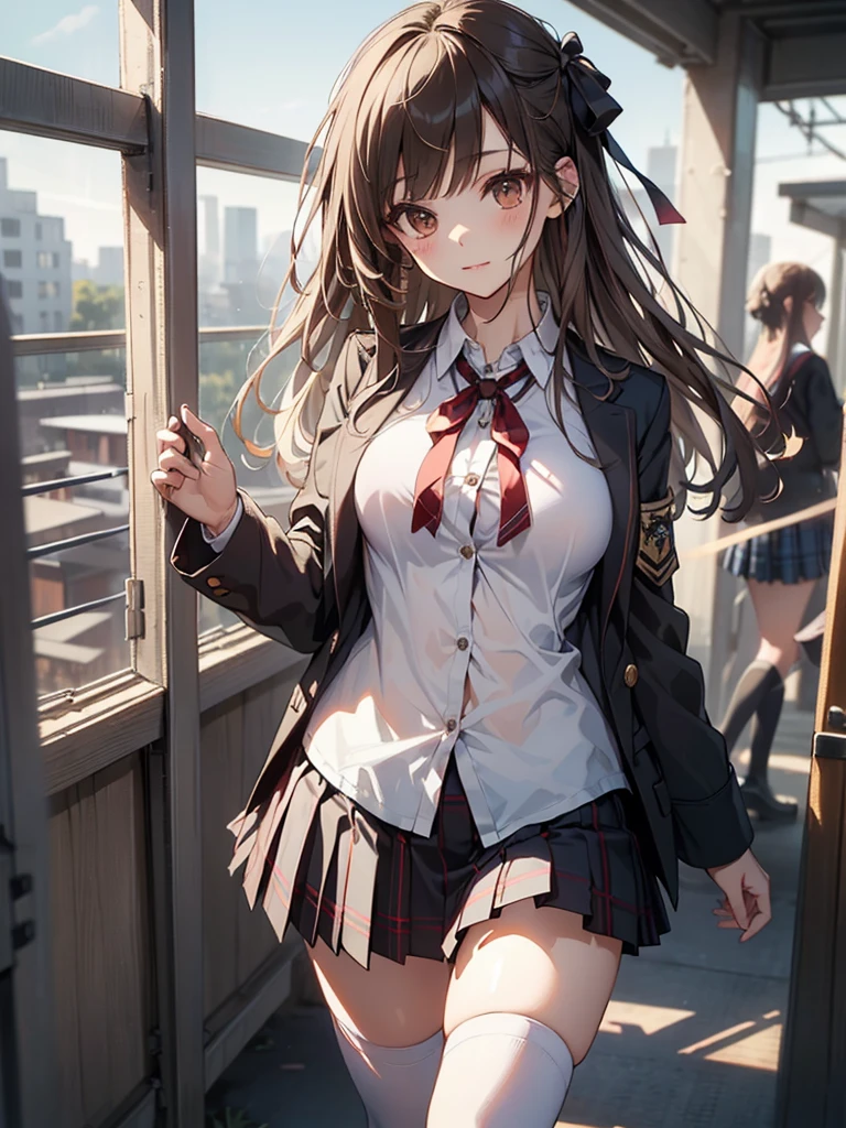 ((masterpiece,Highest quality:1.3,best quality illustration,realistic:1.3)),cowboy shot,独奏,1woman,(18-year-old、Japanese Beauty)、brown hair,long hair,bangs,brown eyes,gorgeous eyes,((very small head:1.3)),blush,Heavy breathing,((very long body:1.2,skinny)),medium breasts,(Red ribbon tie、White collared shirt、Long sleeve navy blue pleated mini skirt),Wet crotch、sweat,gleaming skin,toned body,slender body,walk、on street,Collapsed building、Shibuya.End of the World、