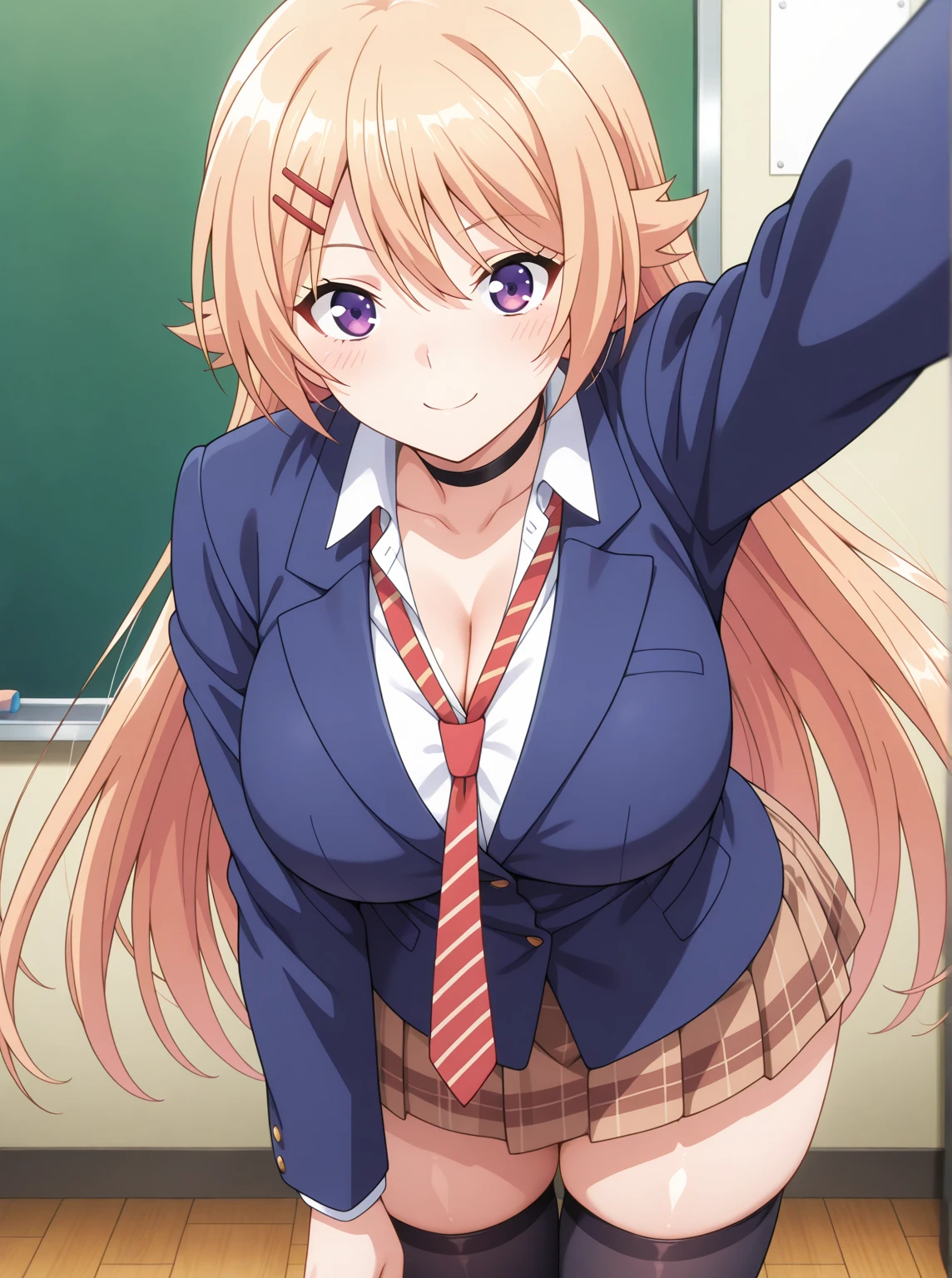 master piece, best quality, 8k, 超High resolution, highest quality, anime style, best writing, beautiful face, Minamifuyuki、Minamifuyuki、long hair、blonde、(purple eyes:1.1)、Ahoge、side lock、smile、grin、BREAK cleavage、skirt、uniform、Jacket、プリーツ skirt、boots、scarf、blazer、cardigan、青いJacket、グレーのskirt、赤いscarf、ピンクのcardigan、BREAK indoor、classroom、BREAK Looking at the viewer、(close up:1.2)、(masterpiece:1.2)、highest quality、High resolution、unity 8k wallpaper、(An illustration:0.8)、(beautiful detailed eyes:1.6)、highly detailed face、perfect lighting、Highly detailed CG、(perfect hands、perfect anatomy)、