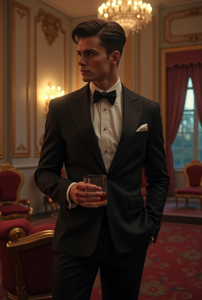 Make me a picture of a handsome young man wearing a black suit standing ...