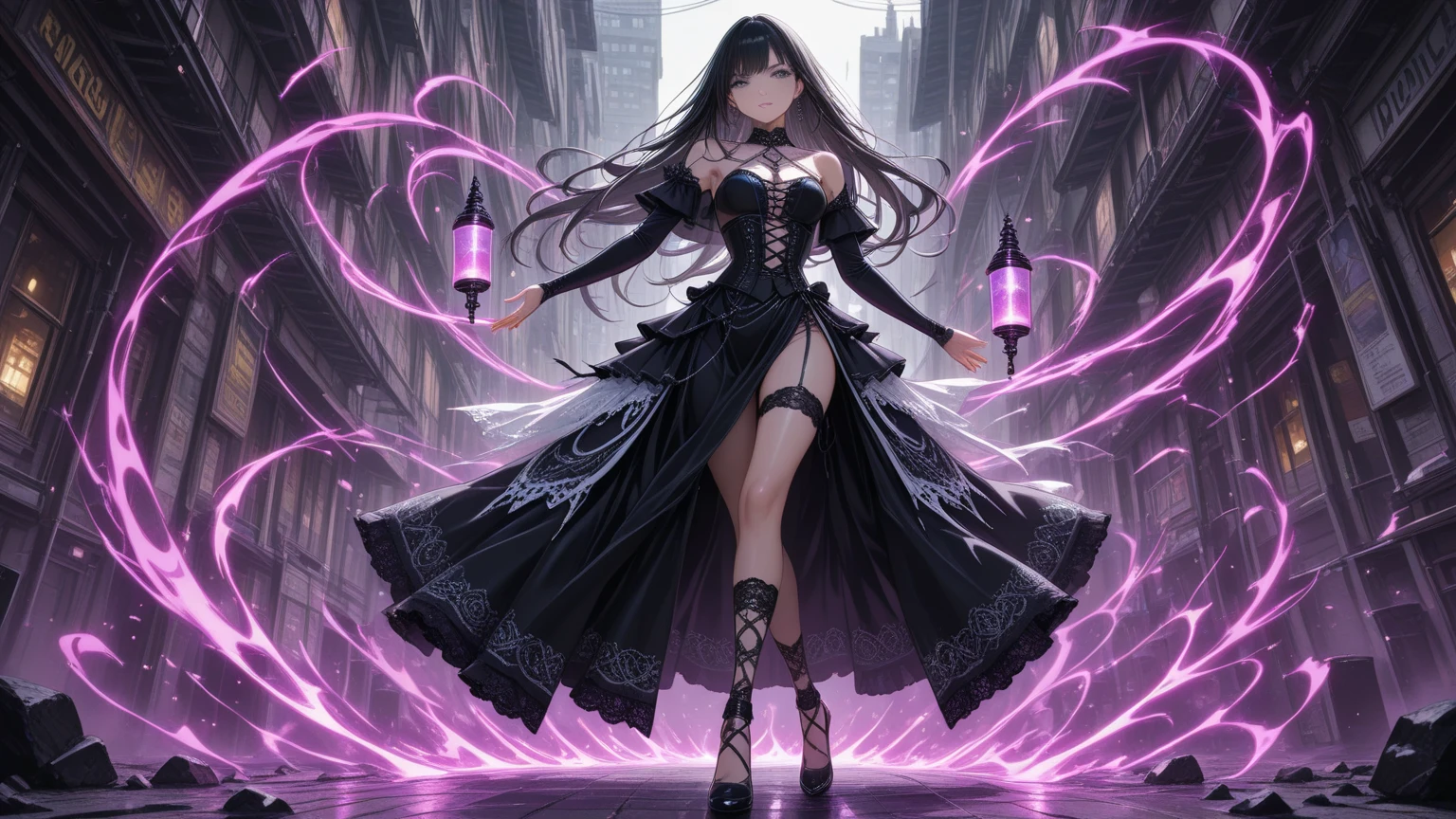 Beautiful girl with deep purple hair,Slim figure,emaciated,Dark purple dress,A huge black thunderbolt in his hand,Raise the black thunderbolt in your hand,Interconnect with black lightning in the sky,Stand in the background of a lightning storm covered with dark clouds,Covered in black lightning,Dark purple high heels,black lence stockings,Stand on top of plenty of black lightning and storms,With a sinister smile,exposing her chest,The body was struck by a large amount of black lightning,Has the ability to control black lightning