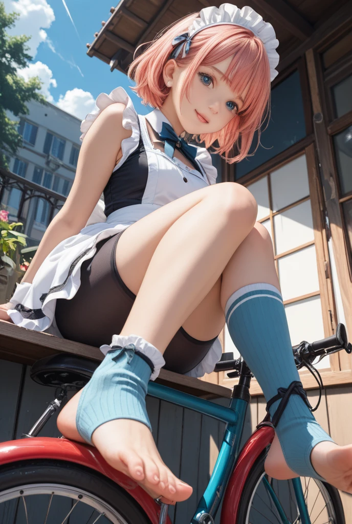 best quality, insanely detailed, nino nakano, breasts, blush, outdoor background, bare-shoulder, looking at viewer, garter strap, a black ribbon, stockings, highleg leotard, pussy, smile, spread legs, super mini skirt