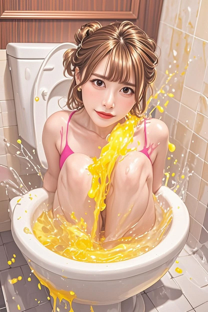 masterpiece of a beautiful young woman peeing self while sitting on yellow puddle on the bed, a puddle lies on the sheets. she has long hair, wairiza (eyecontact:1.1) mud dolphin shorts, rthprsn