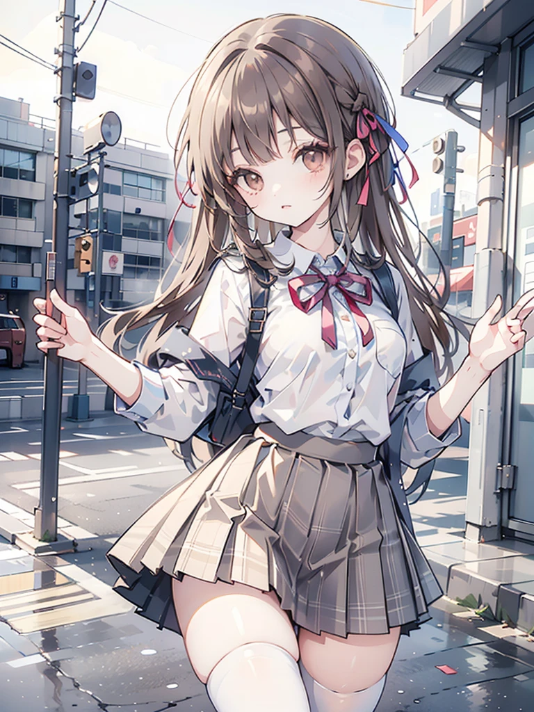 ((highest quality, High resolution, Perfect Pixel, 4K))), 1 female, Beautiful woman、I could see the whole body、Go down the subway stairs、Lots of commuters、 ((ponytail, bangs, Brown Hair)), ((Brown eyes, Beautiful eyelashes, Realistic eyes)), ((Detailed face, blush:1.2))、((Anime CG Style)), beautiful and big breasts、Perfect body, ((Red bow tie, Black open jacket, White short sleeve shirt, Checked mini skirt)), Embarrassed expression、 (The wind is blowing my skirt away:1.3)、 Diagonal side angle, Dynamic Angle、Naughty wind、((Transparent panties in full view))、