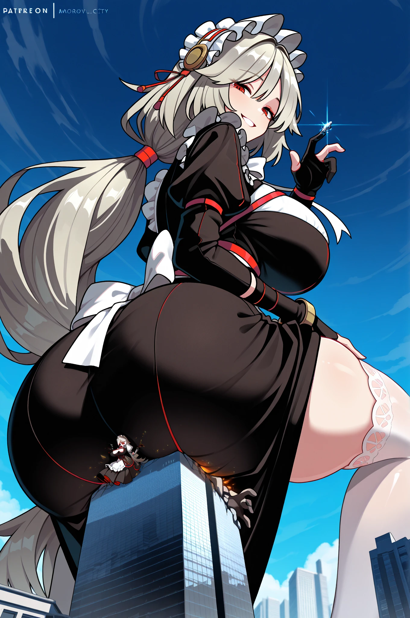 girl, (huge breasts size 160 cm), (narrow waist), Powerful woman, echidna re:zero, by white, big butt 130 cm, beautiful face, fine features, Red eyes, SMILE, devil, evil, psychopath, horns, back view, butt in sight, amazing butt, sinister aura, darkened face, SMILE maliciosa, dark aura