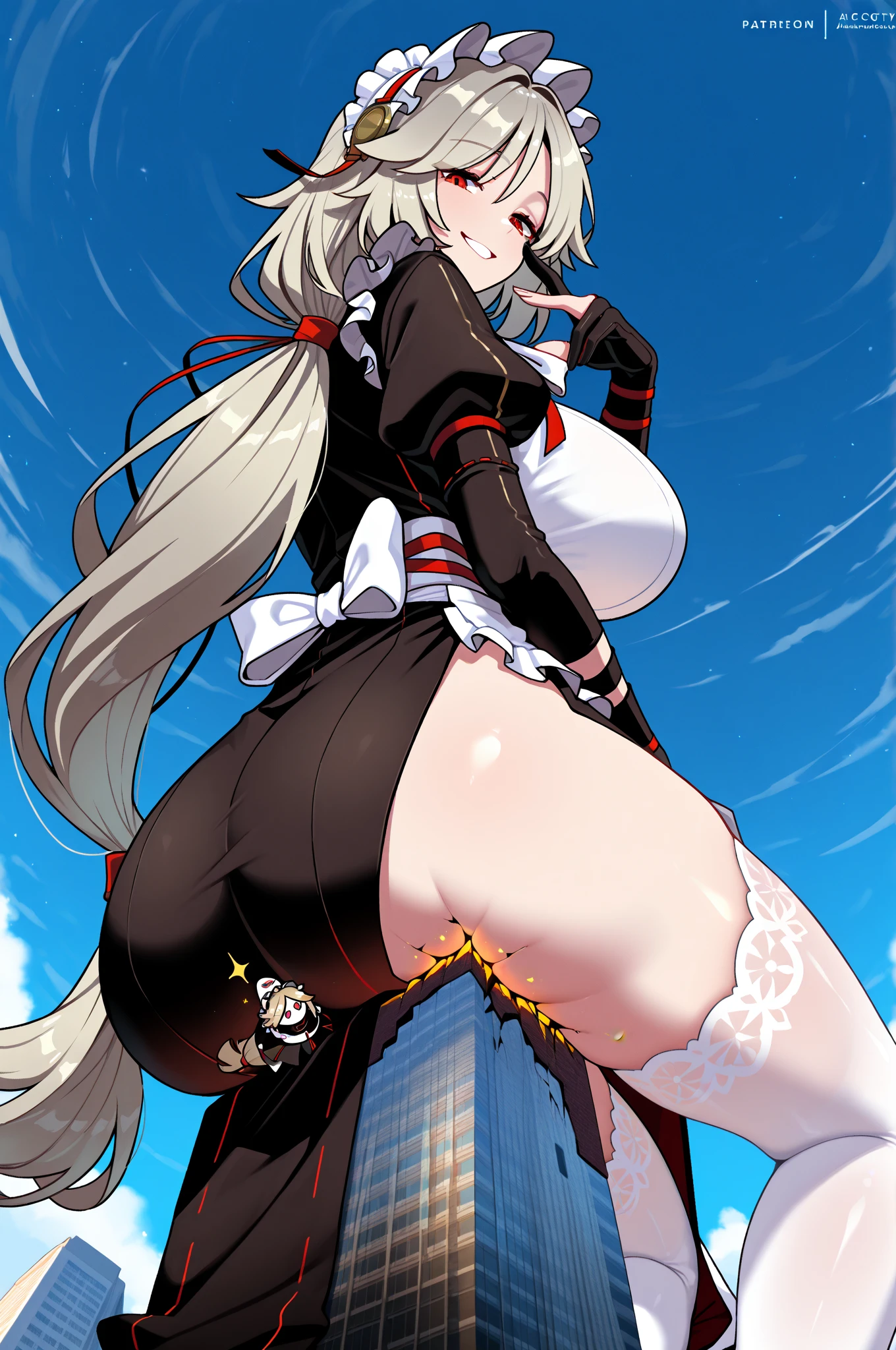 masterpiece, best quality, Modeus \(helltaker\), horns, red hair, demon girl, 1girl, full body, secretary outfit, black skirt, pantyhose, white shirt, heels, demon horns, gigantic breasts, pink eyes, long hair, black horns, hair over one eye, piercing, jewelry, tail, demon tail, choker, lip piercing, necklace, gigantic breasts,