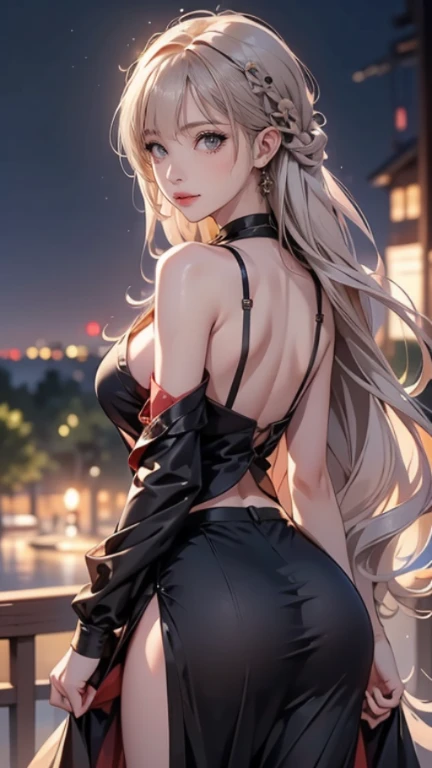 1 girl, medium light gold hair, light blue eyes, wearing Black suit, night city, absurdres, high res, ultrasharp, 8K, masterpiece, looking from behind