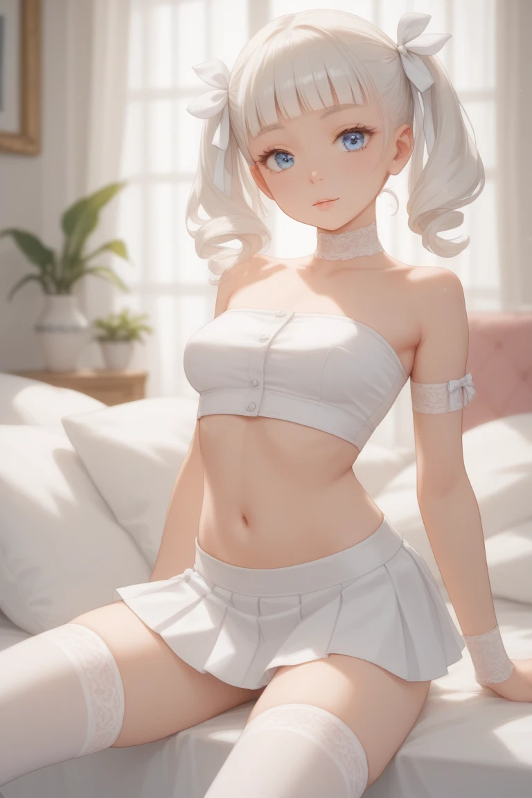 1. Nude composition from thighs to face,1 ,White猫耳,white hair,Plush cat's paw gloves,blue eyes,Hair, Cute and playful,Delicate makeup, Smile,Blush high,Off the shoulders,smooth thighs,Long bare legs,Five fingers, tempting pose,Cute pose,seductive anime girls,rosy lips,bedroom,The perfect body,Leaning forward,body facing the front, elegant posture,Sexy body, Sexy girl,best faces,Smaller breasts,Convex buttocks,Pink pleated skirt,Pink pleated skirt, Pink chest po skirt,Pink po skirt,Red and pink belt,Pink tights,sleep in bed,cleavage,black skirt,White,clavicle,Perfect anatomy, 8 k artistic photography, Arte conceptual fotorrealista, Soft, natural, volume-like perfect light,HD ,trending on artstationh , vibrant, ultra high quality model, Chiaroscuro
