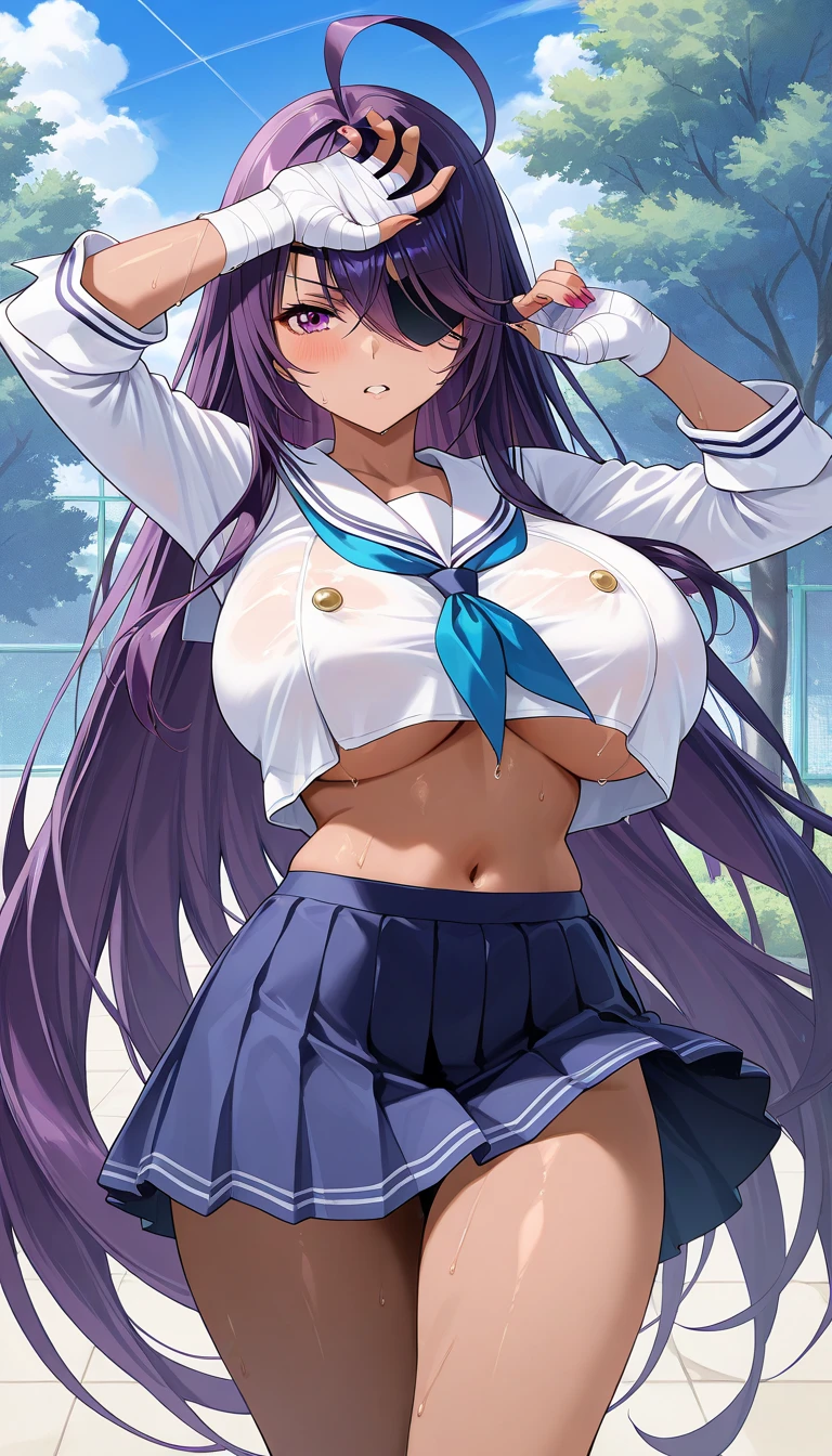 masterpiece、highest quality、Green detailed dress、black shiny knee socks、Wavy long hair、Super big 、Body-fitting clothing、Naughty smile、Pinch both ends of the skirt and lift it up、Pink panties、beautiful girl