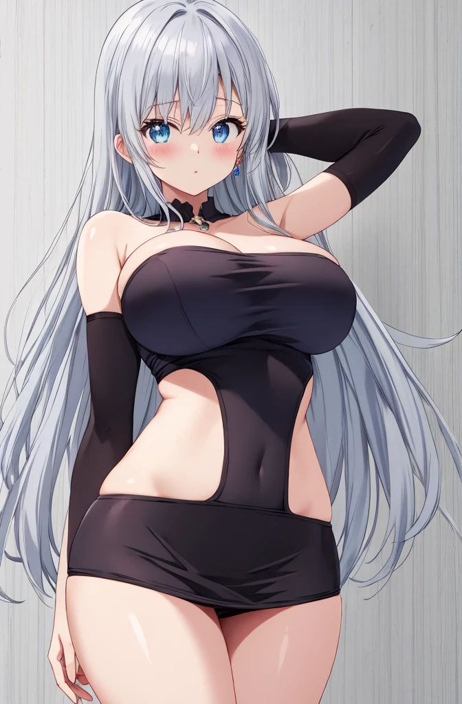 Girl wearing black silk stockings, (looking down at the audience) (white background) (upper body wearing KJ costume, Japanese student jk) (long black hair, black long straight) (cleavage)