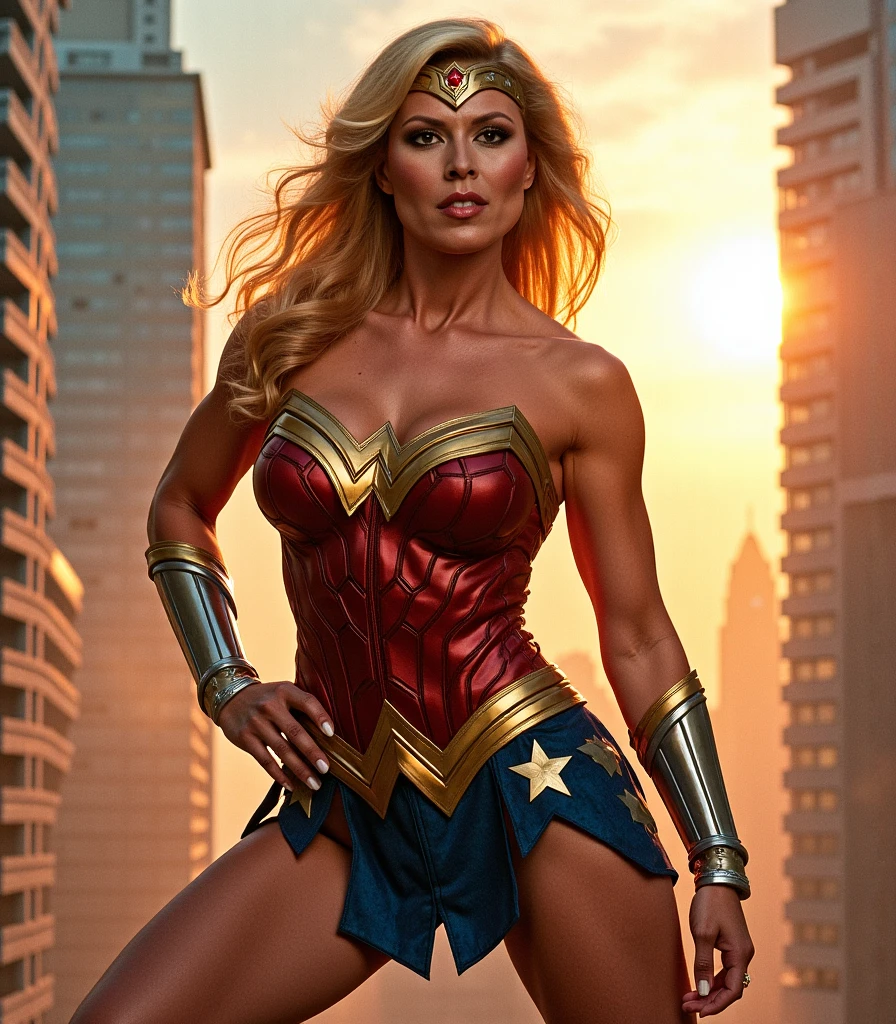 Britney Spears Wonderwoman costume posing on a skyscraper outdoors