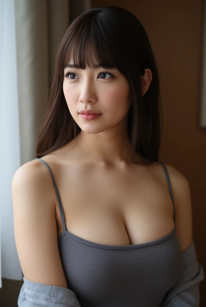 Asian Beauty, Short black hair,Detailed face、 Big eyes, Her breasts are modest, about a C cup、A face that looks just like Hirose Suzu、glossy lipasterpiece:1.3), (8k, Photorealistic, Raw photo, Best image quality: 1.4), Japanese 、(Random Hairstyles:1.2)、Cleavage:1.2、Super detailed face、Attention to detail、double eyelid、Close your chest、Sharp focus:1.2、Beautiful woman:1.4、Light brown hair、highest quality、masterpiece、超A high resolution、(Photorealistic:1.4)、Highly detailed and professionally lit smile、Loose, lightweight knitwear、Shoulder out、thin、Serious expression、Short-haired、Deadly position、whole body