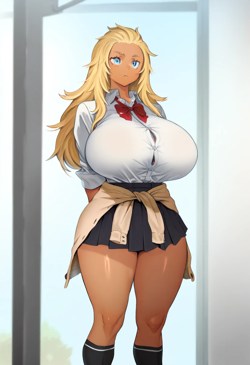 masterpiece, best quality, detailed face, detailed eyes, blonde hair, long hair, hairclip, dark skin, blue eyes, choker, tied shirt, midriff, cleavage, miniskirt, thighhighs, cowboy shot,