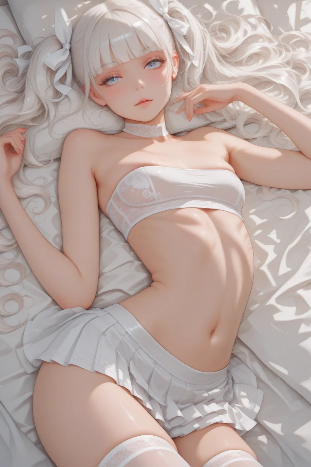 Beautiful Blue Eyes、((Slim figure))、((Small breasts:1.4))、((Full nudity))、Spread your legs、Raise your arms、(Light pink hair color)、Blunt bangs、Twin tails、Straight hair、White skin、((Lie down in bed))、Knee-high socks、Embarrassed smile、Neon Cyber Room