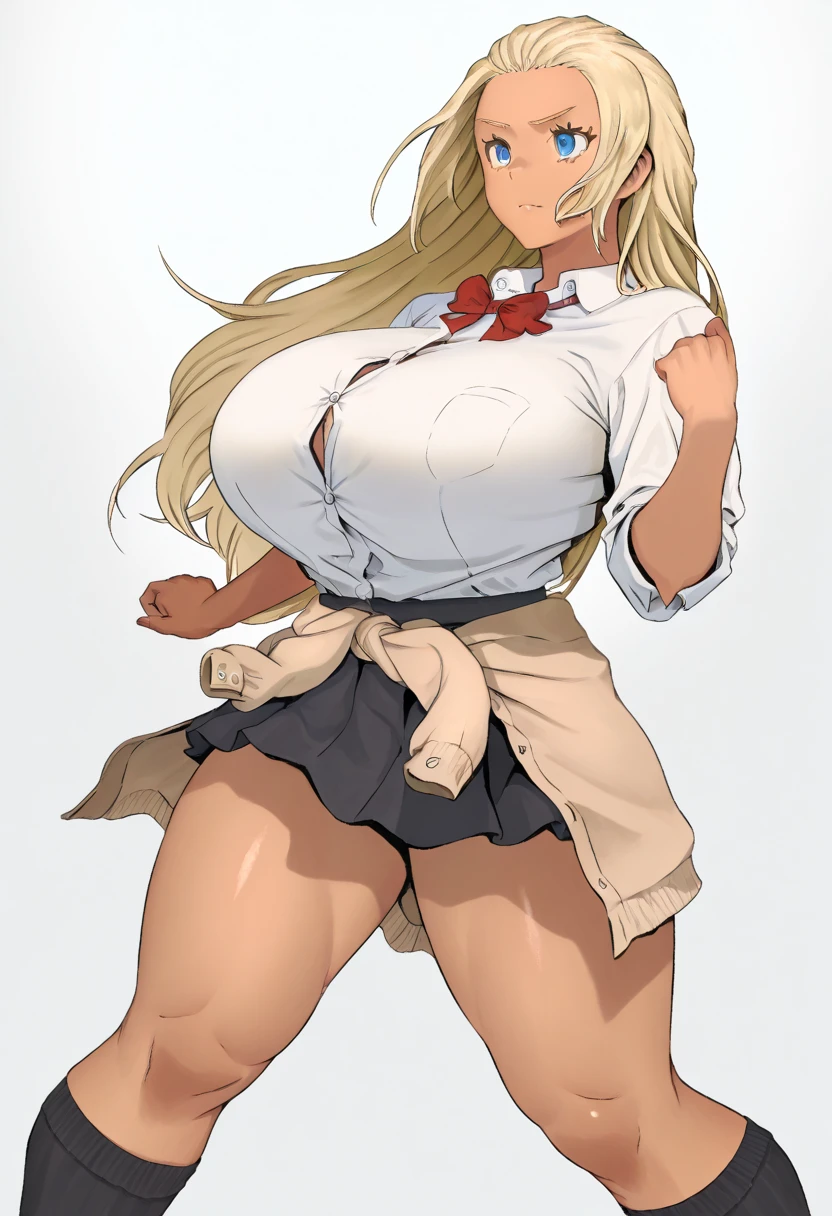 <lora:ReinaKurashikiXLpony001>,smirk,looking down,
solo,
ReinaKurashiki,1girl,blonde hair,long hair,blue eyes,
large breasts,
white shirt,red bow,sleeves rolled up,
sweater around waist,
pleated_skirt,
black socks,