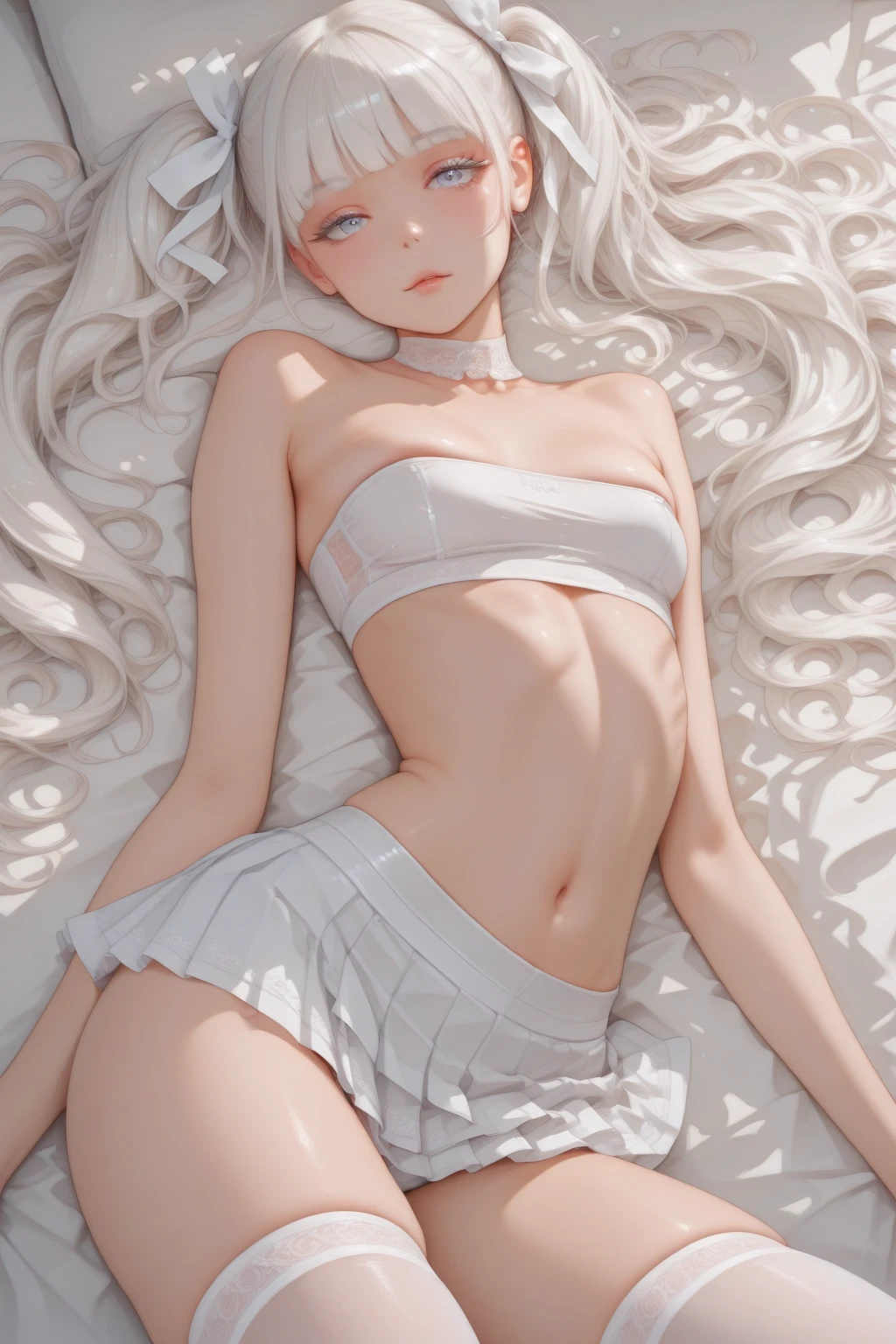 Anime style，White hair ，Girl，On the bed，White