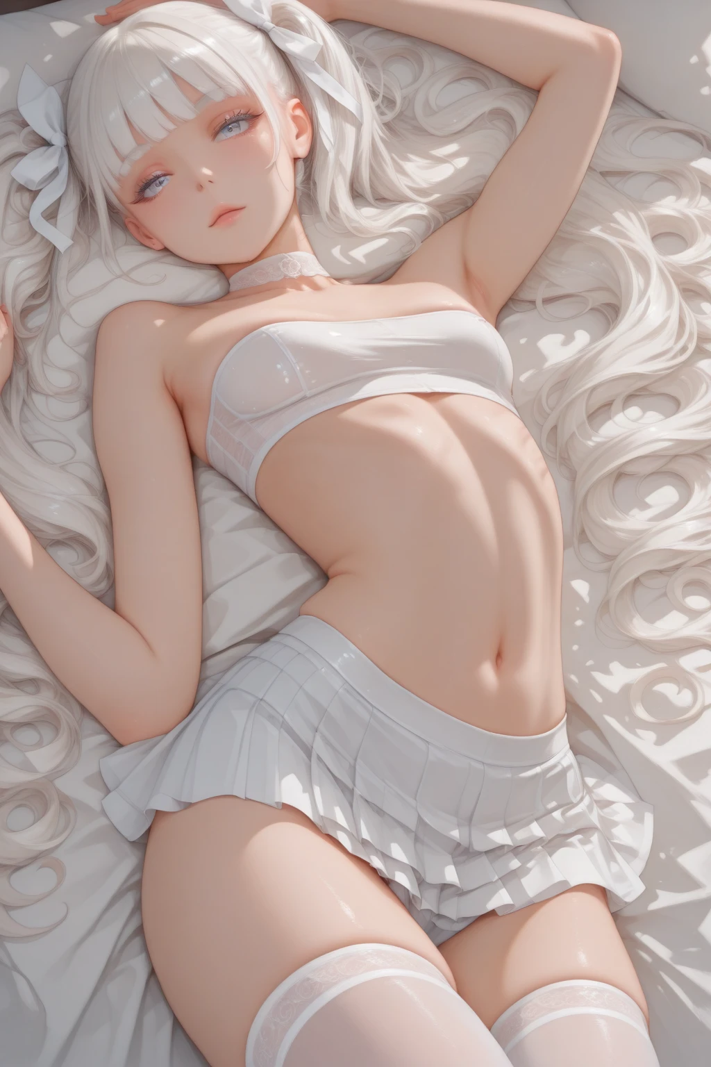 1girl,Yoimiya,despise,half-closed eyes,blush,open mouth,shoulder,long and beautiful legs,Aerial Photography,Full body like,breast,breast focus,back to the viewer,lying down,sexy