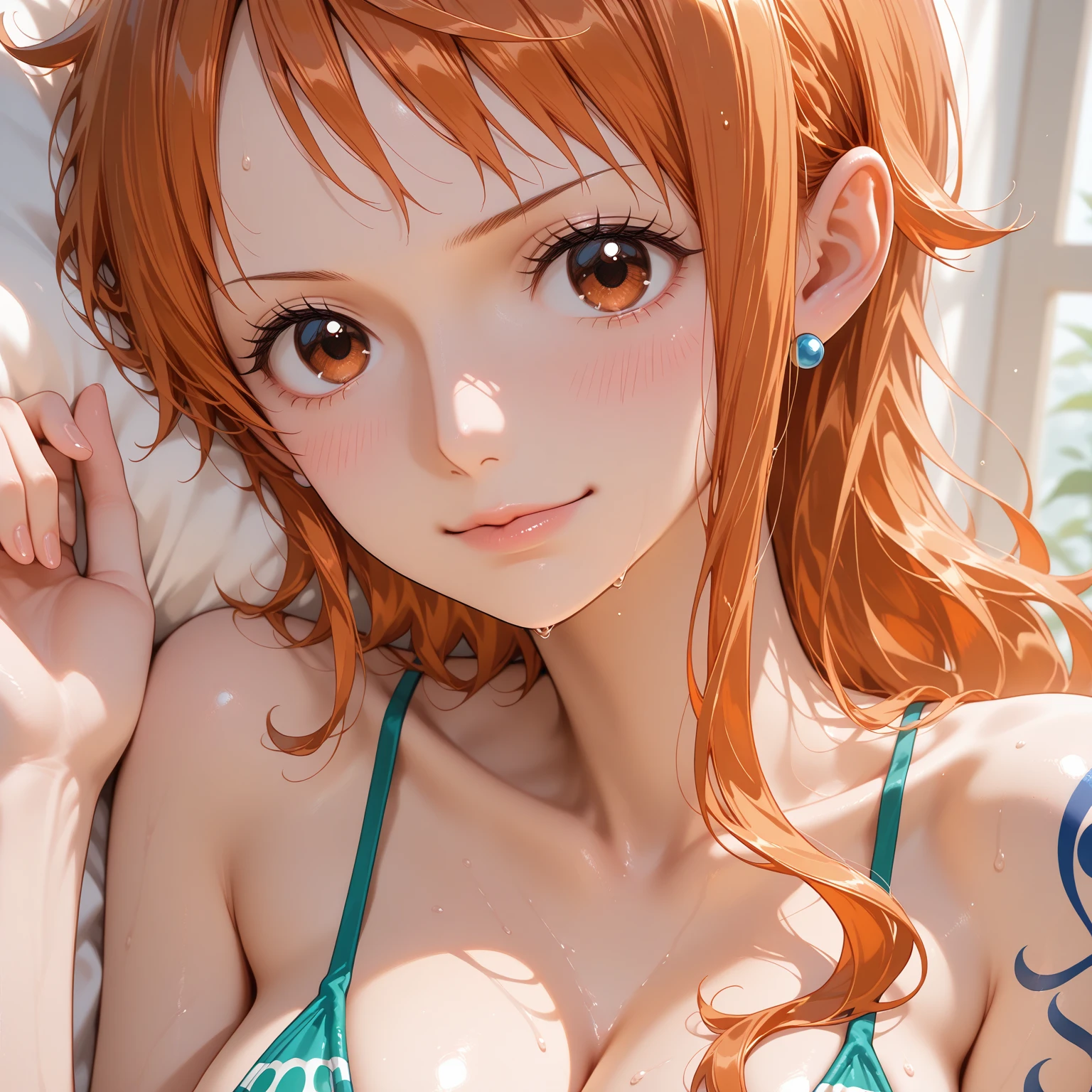 SFW. (bikini) (Nami, large breasts), playful, smiling, flirting, on a deserted beach, shipwreck, (depth of field) (dramatic sunlight), ((best quality)), ((masterpiece)), (detailed)