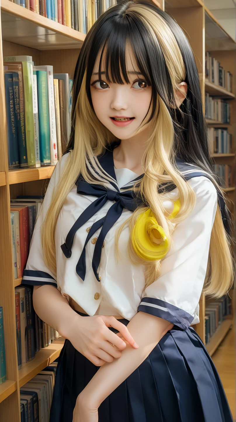 realistic Naked beautiful, 18 years old, virgin, untouched, idol face,very long smooth straight hair, yellow haired, ideal body, large breast, small nipples, small areola, openlegs, on table, busy naked schoolgirls background,full body photograph