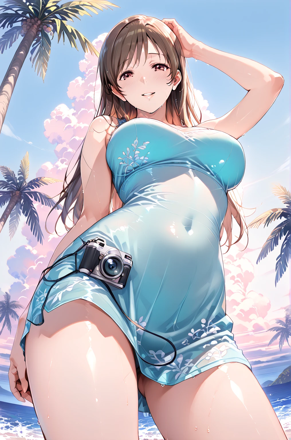 Highest quality、super high quality、16K, Saggy and large breasts, bikini, Beach, Palm tree, Camera angle from below