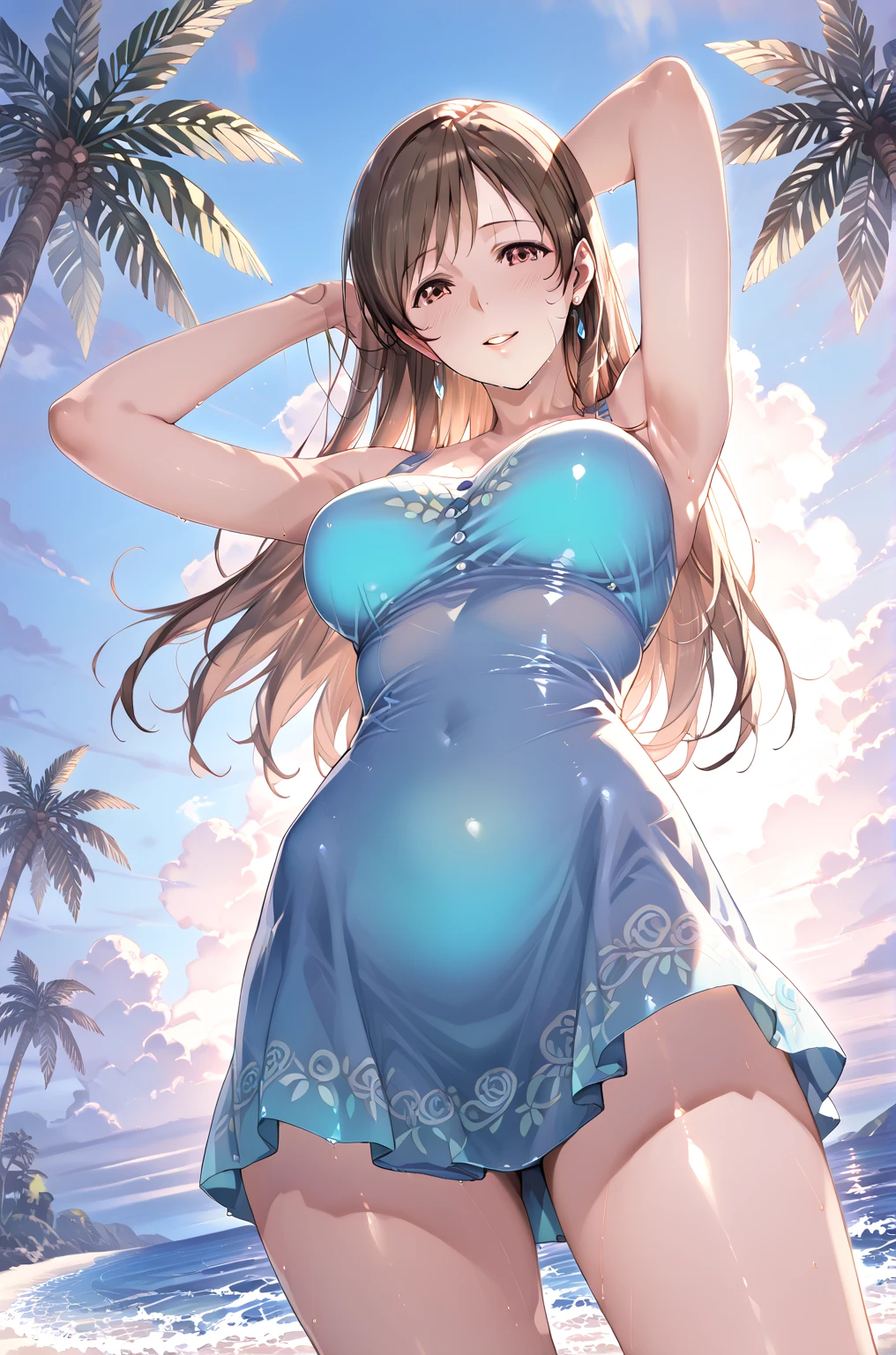 (highest quality:1.4)、High resolution、Detailed Background、(Detailed beautiful face:1.4)、Anatomically correct、(Depict the normal number of fingers:1.2)、(Detailed facial expressions)、Realistic、Beautiful fingers、Beautiful, smooth skin、Teenage beauty、(Huge breasts:1.3)、Perfect body line、Attractive thighs、brown hair、Black Hair、cute hair color、Bobcut、ponytail、Long Hair、cute hairstyle、Show your attractive side、I'm a little excited、Cowboy Shot、Nipples floating on clothes、 Wet white short sailor shirt、White sailor collar、No sleeve:1.1、Accentuate your breasts、Accentuate your cleavage、Show your side、(Underboob:1.3)、With legs apart、White panties with floral embroidery、Panty Shot、cute、 (A beautiful girl lying on the beach:1.3)、The whole body is wet、My clothes are wet and transparent、Wet、Immerse in water、See through、look at me with a sexual expression、Looking at me happily、Smiling、Panty Shot、cute、cameltoe:1.1