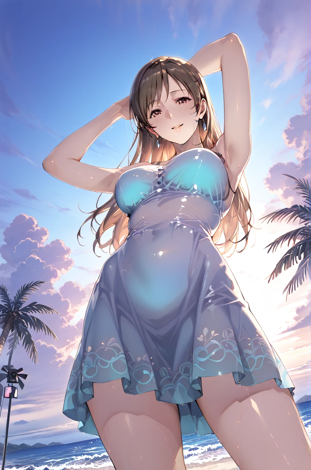 ((Best Quality)), (Ultra-detailed), ((Extremely detailed)), (Beautiful), ((Kawaii Girl)),(Bangs parted in the middle),High Gradient Bob、navy hair、,Orange Eyes,Large breasts、Off shoulder dress、sandal、Full body standing,1 woman,At the resort、looking in camera,