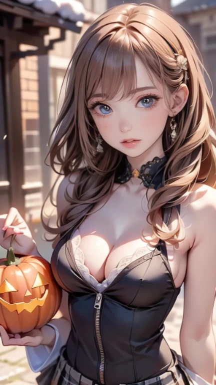 (1beautiful girl:1.2), (A photo of a beautiful girl wearing a princess dress:1.5), Amazing face and eyes, (extremely detailed beautiful face), (The sexiest look), (Beautiful big breasts:1.2), (Best Quality:1.4), (Ultra-detailed), (extremely detailed CG unified 8k wallpaper), Highly detailed, RAW Photos, Professional Photography, (Night amusement park, Halloween:1.5), (An eerie amusement park shrouded in thick fog), (super huge castle), (Huge and creepy castle:1.5), A scene from a movie,