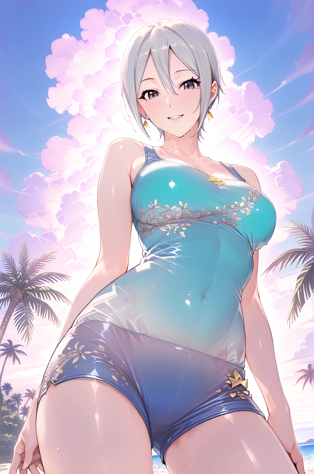 Meninas lindas,olhos vermelhos redondos, cabelo branco、It's behind,orelhas de coelho,bunda grande,sensual、Sorridente,Medium to long straight hairstyle、(tetas grandes,ela usa lingerie azul,Em uma casa alugada,It's behind,noite,it was raining outside,The upper body is wet..,corpo inteiro,she is wearing red leggings,she holds a bra in her hand