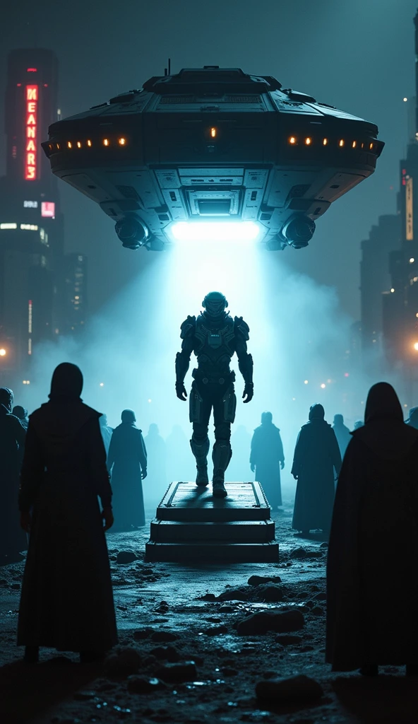 Soldiers in white suits and armed inside a futuristic city. Looking through a hole in a force field. Watching someone flee in front of them wearing black clothes through a desert sandstorm.