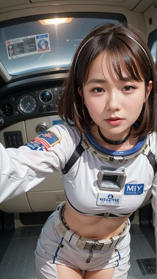 ((Best Quality)), (masutepiece)), (Details: 1.4), 。.3D, Absurd resolution, High resolution, (masutepiece: 1.4), ultra-detailliert, Beautiful girl 1 person, Futuristic female image, Shimmering brown hair, Beautiful brown eyes, Beautiful face, 20 years old, Spaceship, floating, Small, space suits, Spaceship, window, Future, Dynamic Pose, Change of clothes